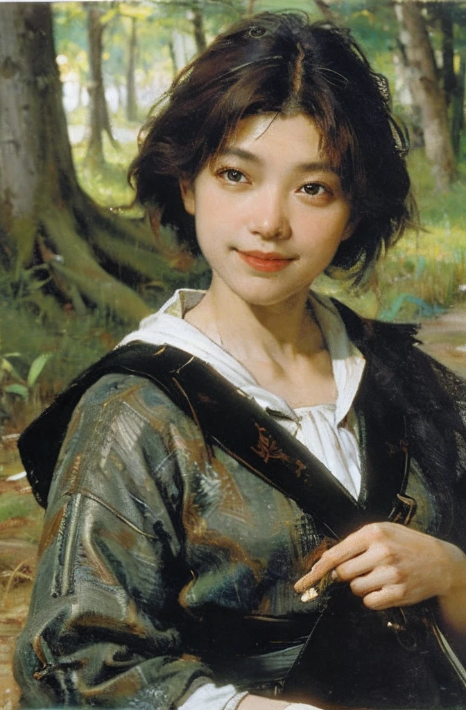 tmasterpiece， best qualtiy， Hyper-detailing， depth of fields， 超高分辨率， Sharp focus，
1 old woman，Exquisitely Detailed Skin，Room，ln the forest，（ssmile：0.6），Bright chestnut winter coat，Fechin，（oil painted：1.4），grassy fields，butterflys，green leaf，（wooden cabin），edge lit、deep shading、Oil paints，acrycle painting，tmasterpiece，Renaissance style，best qualtiy