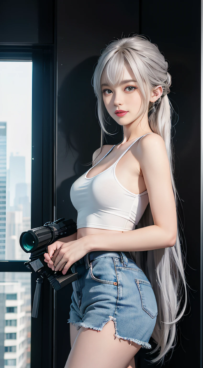 (Girl Standing In Big Office), Silver hair, Bangs, Blunt bangs, Long hair, Braiding(poneyTail), aqua eyes, longeyelashes, Solid Circle Eyes, makeup, Open mouth, blush, Parted lips, Bright pupils, smiley, Seductive smile, glint, surrealism, Modern,(( Camouflage tank top、off shoulders、))、((No skirt))、(Panties with camouflage pattern)、(sniper rifles))(Peeking into the scope)Chiaroscuro, Chiaroscuro, depth of fields, One-person viewpoint, From Side, F/1.8, 135 mm, canon, nffsw, retinas, masutepiece, ccurate, Anatomically correct, Textured skin, Super Detail, high details, High quality, Best Quality, hight resolution, 1080p, hard disk, 4K, 8K、 Full Body Angle、、Skyscrapers are hazy behind