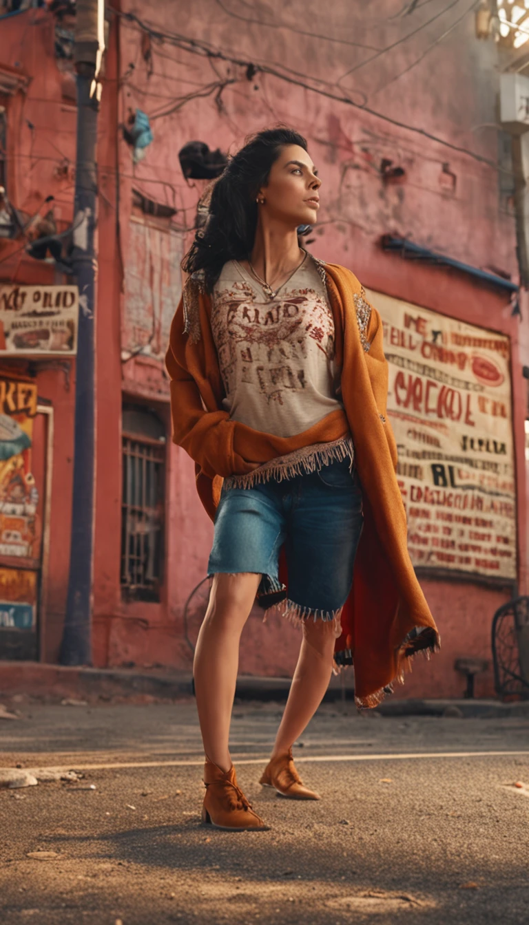 Hermosa joven morena con rulos, argentina, Standing on stage at a folk recital, Llevar una remera sin mangas con tirantes con el texto "Folclore Anuritay" impreso, Clothes in rustic colors, vaqueros, hipy, in front of camera, realista, Detalles de gran intrincado, (obra maestra ), 32K