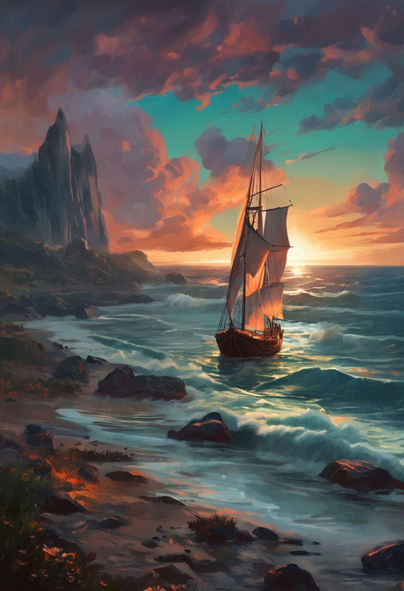 Real picture（（Oil paints ））Landscape painting,acrycle painting，Brush strokes，With unparalleled realism,ultrawide,ominous skies,Sail ships,Wooden boats,Lotus,Huge waves,Starry night,Harry Potter,voluminetric lighting,Clearing,Realistic,james gurney,art  stations，（（Paint with oil painting））
