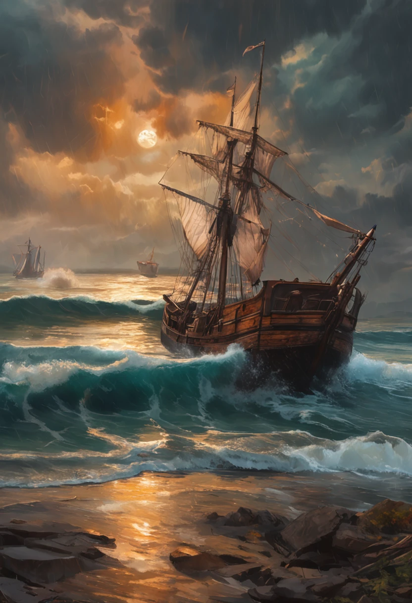 Real picture（（Oil paints ））Landscape painting,acrycle painting，Brush strokes，With unparalleled realism,ultrawide,ominous skies,Sail ships,Wooden boats,Lotus,Huge waves,Starry night,Harry Potter,voluminetric lighting,Clearing,Realistic,james gurney,art  stations，（（Paint with oil painting））