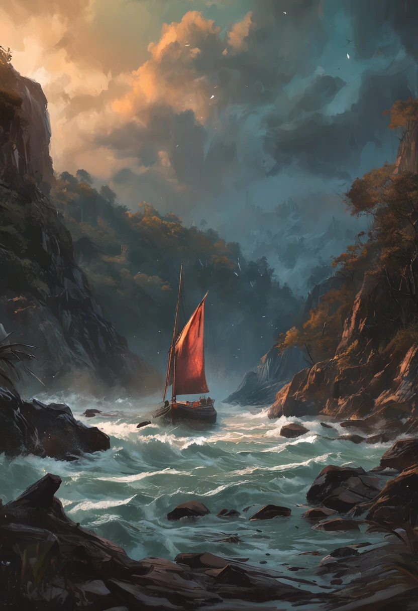 Real picture（（Oil paints ））Landscape painting,acrycle painting，Brush strokes，With unparalleled realism,ultrawide,ominous skies,Sail ships,Wooden boats,Lotus,Huge waves,Starry night,Harry Potter,voluminetric lighting,Clearing,Realistic,james gurney,art  stations，（（Paint with oil painting））