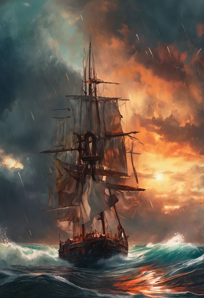 Real picture((Oil paints ))Landscape painting,acrycle painting,Brush strokes,With unparalleled realism,ultrawide,ominous skies,Sail ships,Wooden boats,Lotus,Huge waves,Starry night,Harry Potter,voluminetric lighting,Clearing,Realistic,james gurney,art stations,((Paint with oil painting))