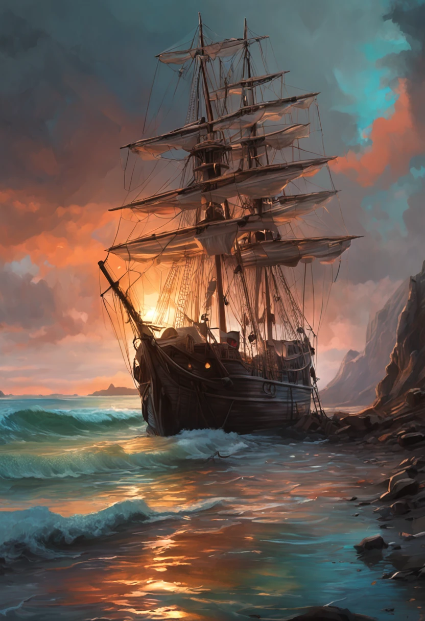 Real picture((Oil paints ))Landscape painting,acrycle painting,Brush strokes,With unparalleled realism,ultrawide,ominous skies,Sail ships,Wooden boats,Lotus,Huge waves,Starry night,Harry Potter,voluminetric lighting,Clearing,Realistic,james gurney,art stations,((Paint with oil painting))