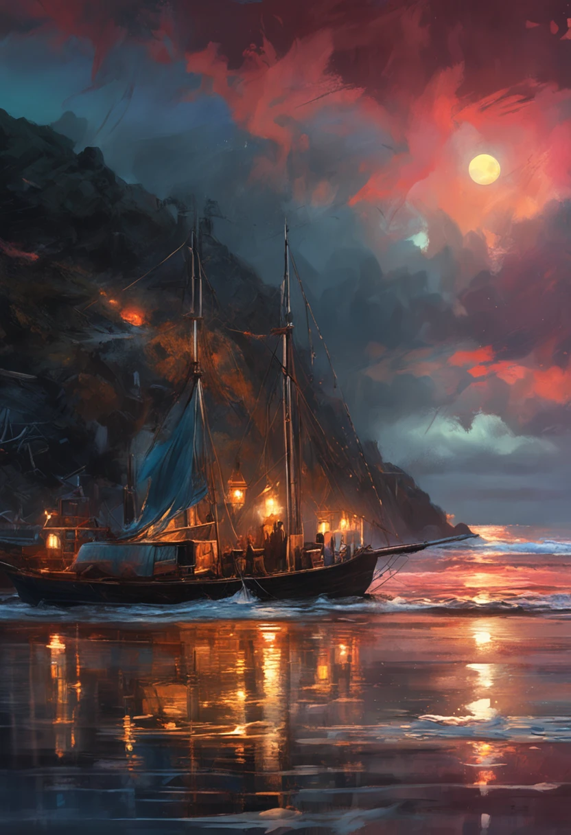 Real picture（（Oil paints ））Landscape painting,acrycle painting，Brush strokes，With unparalleled realism,ultrawide,ominous skies,Sail ships,Wooden boats,Lotus,Huge waves,Starry night,Harry Potter,voluminetric lighting,Clearing,Realistic,james gurney,art  stations，（（Paint with oil painting））