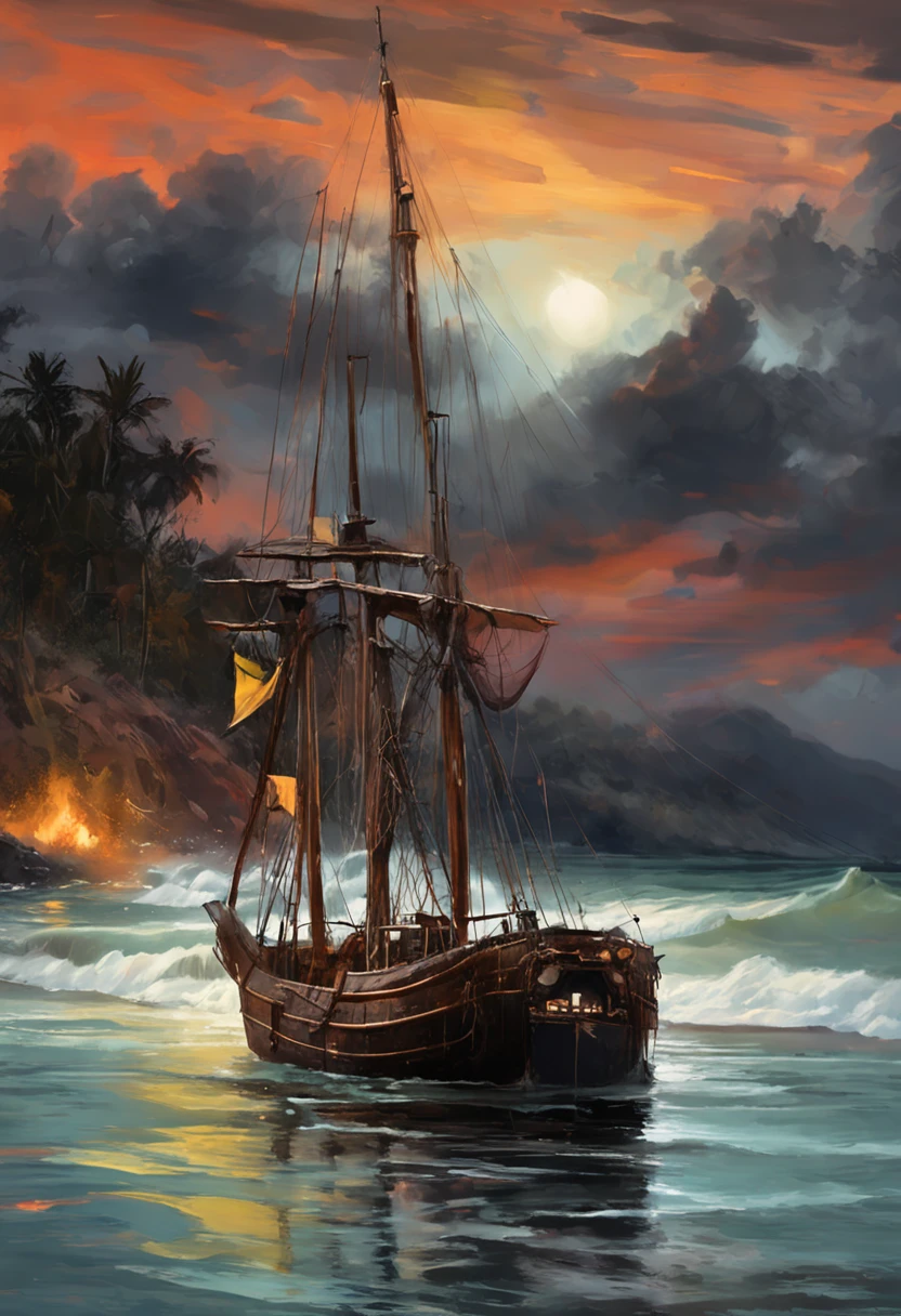 Real picture((Oil paints ))Landscape painting,acrycle painting,Brush strokes,With unparalleled realism,ultrawide,ominous skies,Sail ships,Wooden boats,Lotus,Huge waves,Starry night,Harry Potter,voluminetric lighting,Clearing,Realistic,james gurney,art stations,((Paint with oil painting))