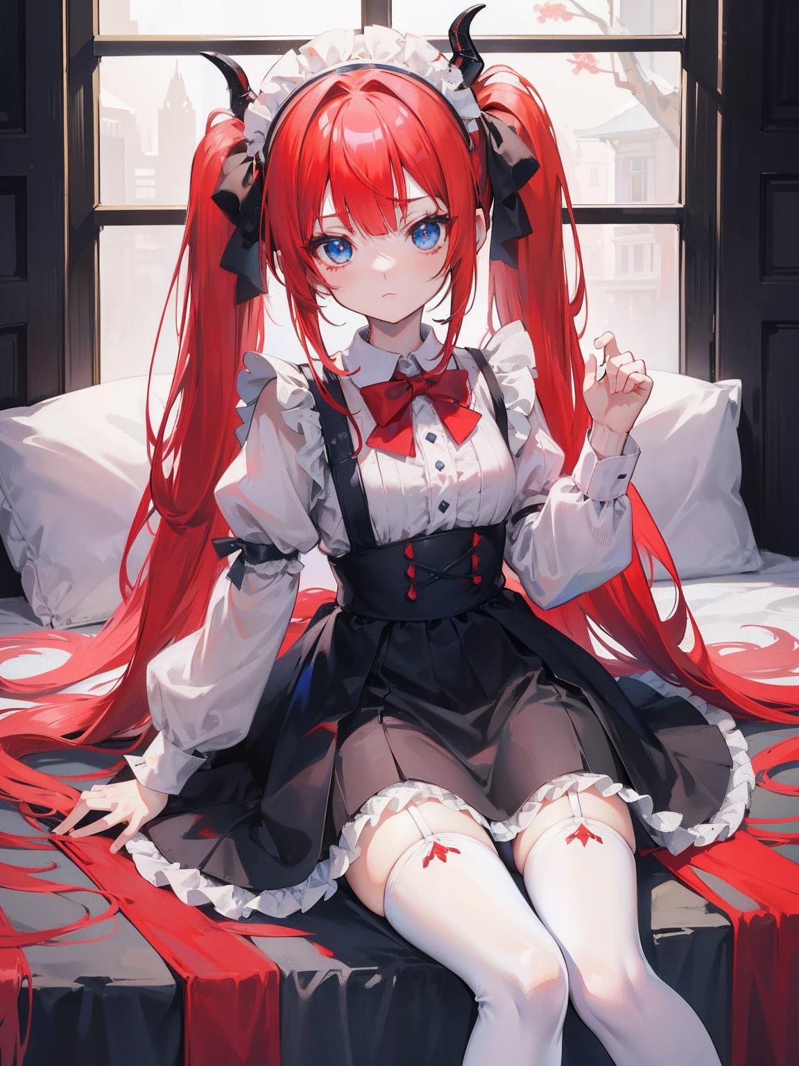 red hair,blue eyes,twintails,maid, long hair, long sleeves, gothic, solo, loli,Short skirt, white stockings,{{best quality}}, {{masterpiece}}, {{ultra-detailed}}, {illustration}, {detailed light}, {an extremely delicate and beautiful}, girl,cute,dragon horns