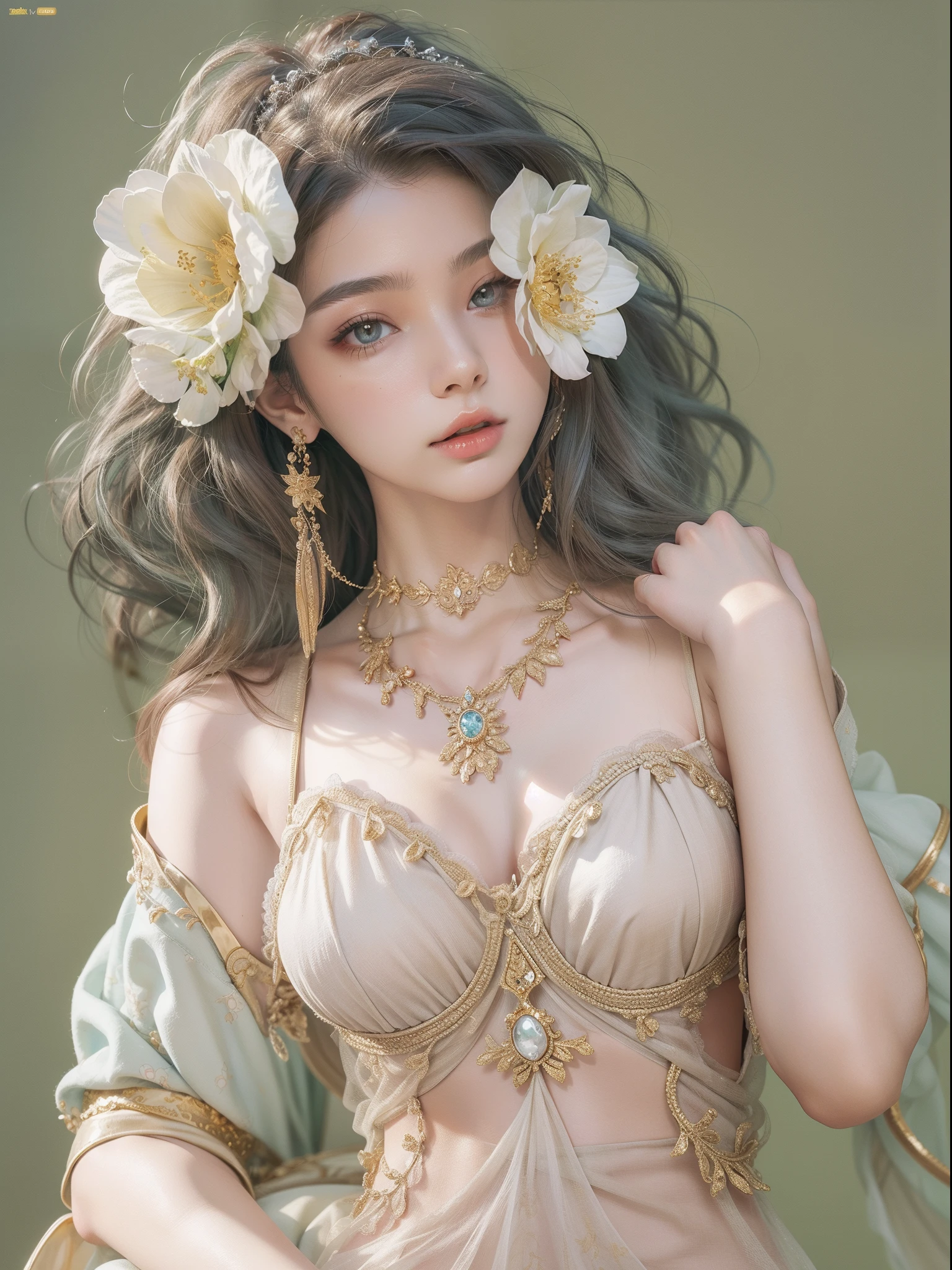 offcial art，统一 8k 壁纸，ultra - detailed，Beauty and aesthetics，big breasts beautiful，tmasterpiece，Best quality at best，（zentangle，datura，Tangles，entangled），（ecstasy of flower：1.2）dynamic angle，Cute and delicate face，Fine face，the golden ratio，face in golden proportions，Expressive eyes，s the perfect face，Perfect skin，Flawless face，Clear face，shinny hair，paleskin， Proper body proportion，perfect anatomia，realistic skin textures，lusciouslips，Glossy lips，Natural makeup，beautiful bright pupils，slender figures，complex eyes，Detailed pupils， Detailed face and eyes， long eyelasher， Blushlush， nice hand， perfect hand， Nice face， beautiful female bodies， finelydetailedskin， Oily glowing skin， Break， （（（（（Pedras preciosas， Forbidden castle on the mountain， pixelart， art for the game， Critical vision， hyper realisitc））））， Break， （PureErosFace_V1：0.5）， （Ulzzang-6500：0.5）， （kbxll：0.6），romanticism lain，atmospurate