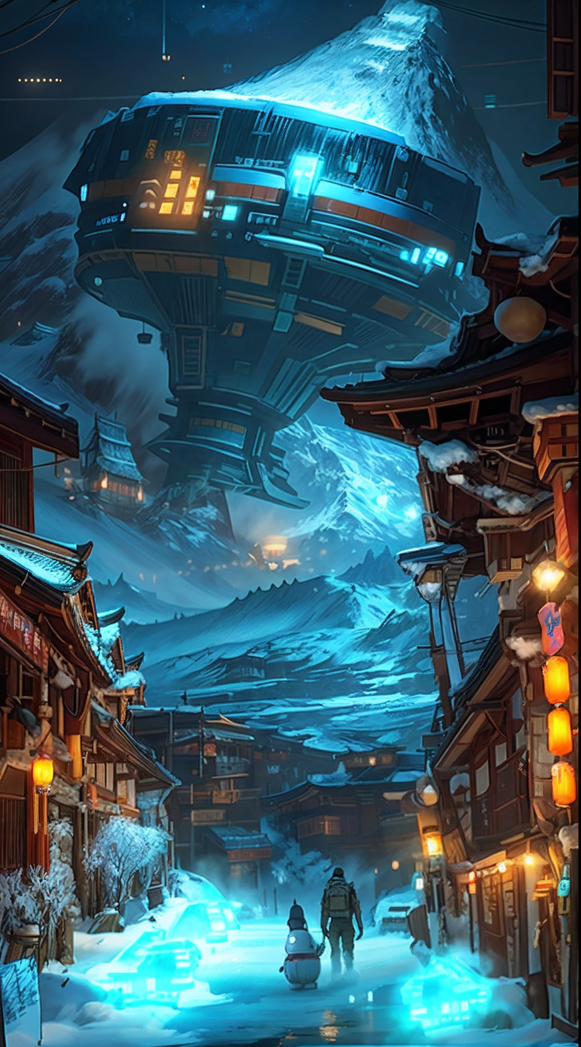 sci-fy,Moon,snow mountains,sense of science and technology,makina,conceptual drawing, cyber punk style,Concept art for the game, Lanterns,The sky is snowing,stray,The astronaut,pandas,Original Drawing,lamplight,Back shadow,snow mountains,Chinese architecture,High-precision illustration,SENSE OF CINEMA,the detail