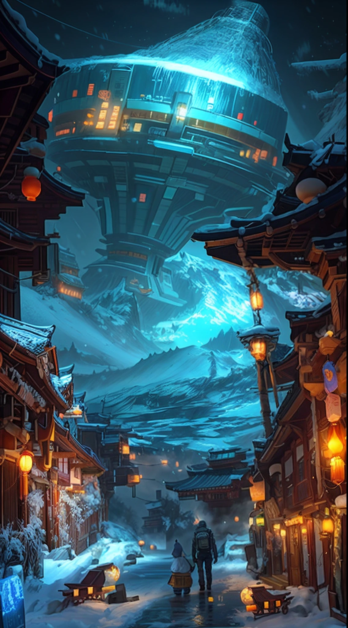 sci-fy,Moon,snow mountains,sense of science and technology,makina,conceptual drawing, cyber punk style,Concept art for the game, Lanterns,The sky is snowing,stray,The astronaut,pandas,Original Drawing,lamplight,Back shadow,snow mountains,Chinese architecture,High-precision illustration,SENSE OF CINEMA,the detail