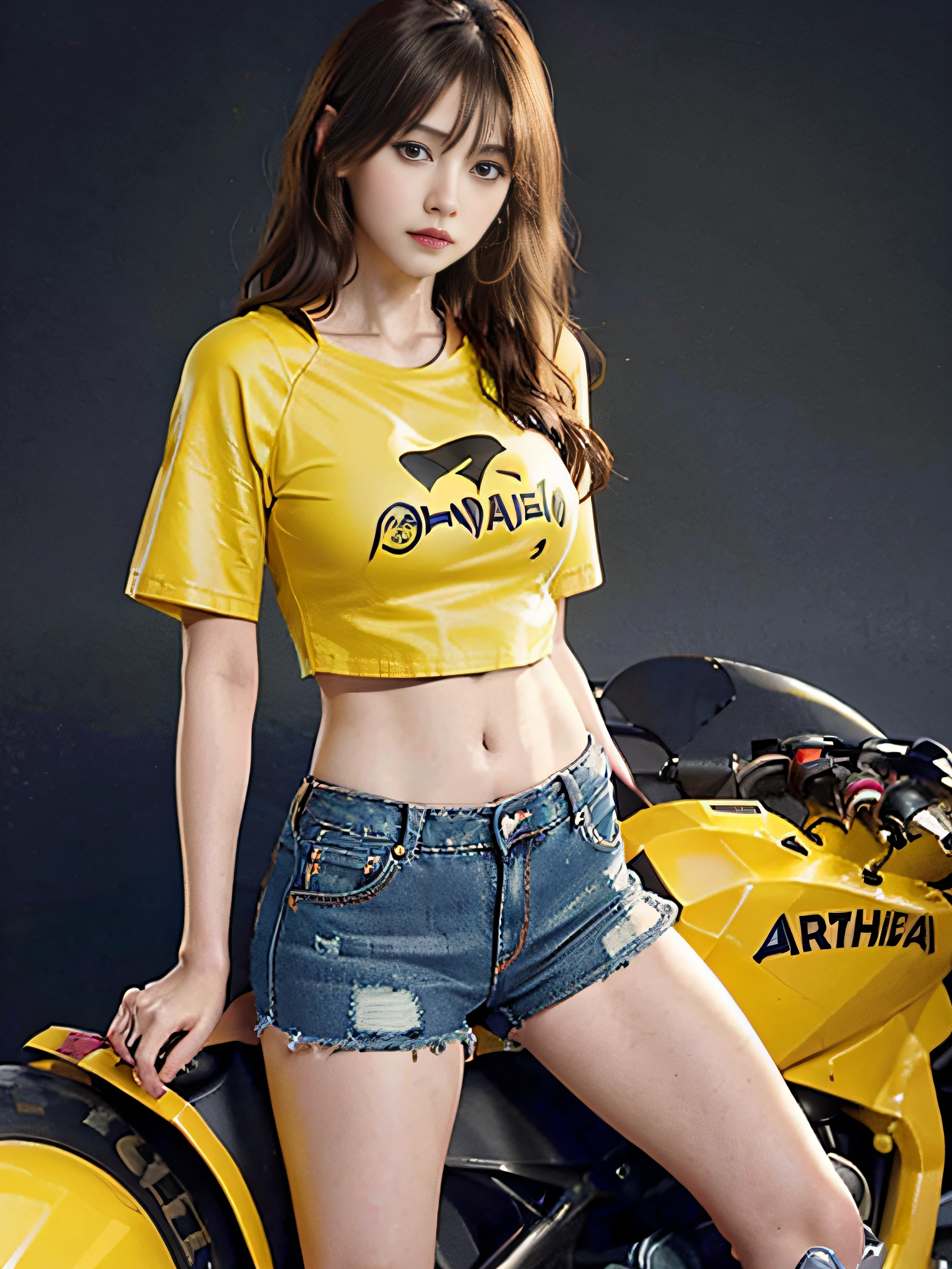 Best quality, realistic, award-winning illustration, (complicated detail: 1.2), (fine detail), (complicated detail), (cinematic lights, best quality), sharp lines, sharp focus, official art, 16k, on a white background, A woman with smiling face, Brazilian, wearing cap, orange cap with black, medium hair black color, wearing jeans posing for a photo, motorcycle wasp model 1970, character design style george lucas, White background, a playful young boss, wearing black apron uniform with orange, woman of amazing body, next to black wasp bike, pronounced feminine feature, flirting with the camera.