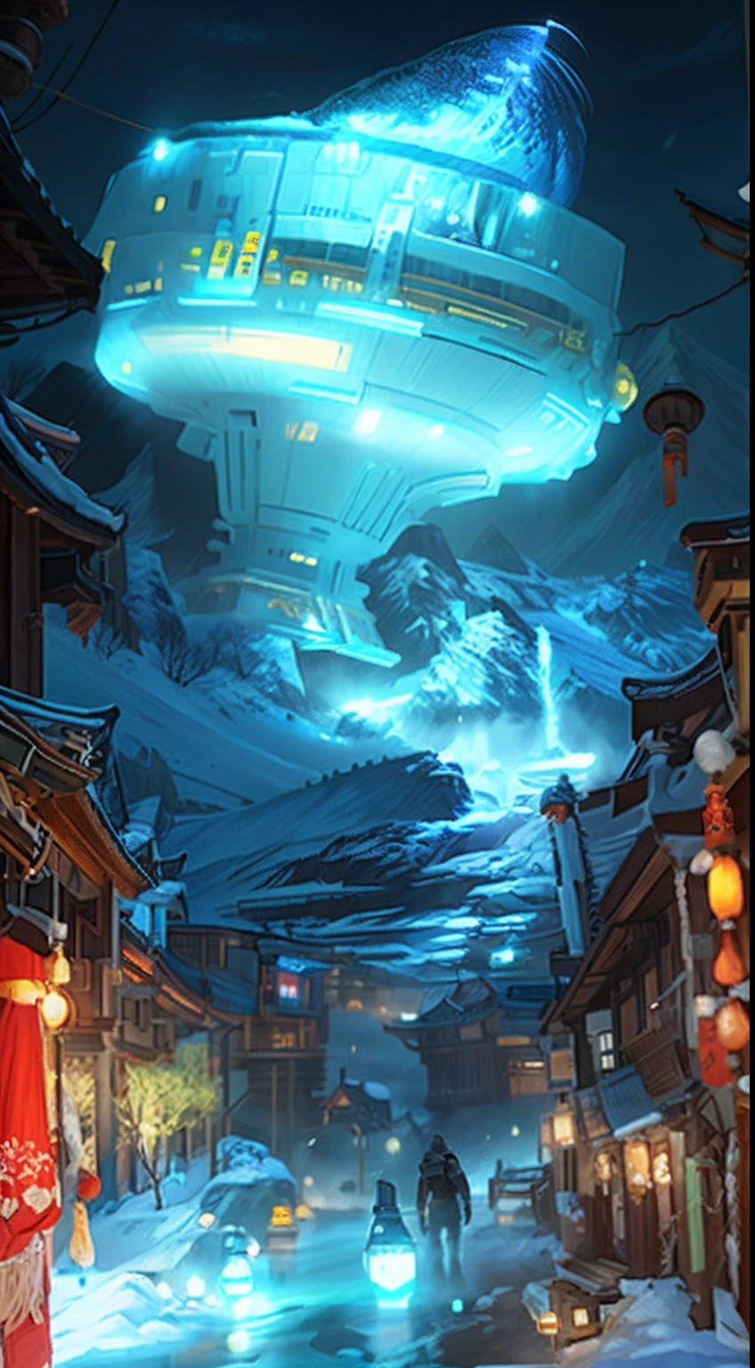 sci-fy，Moon，snow mountains，sense of science and technology，makina，conceptual drawing, cyber punk style,Concept art for the game, Lanterns，The sky is snowing，stray，The astronaut，pandas，Original Drawing，lamplight，Back shadow，snow mountains，Chinese architecture，High-precision illustration，SENSE OF CINEMA，the detail
