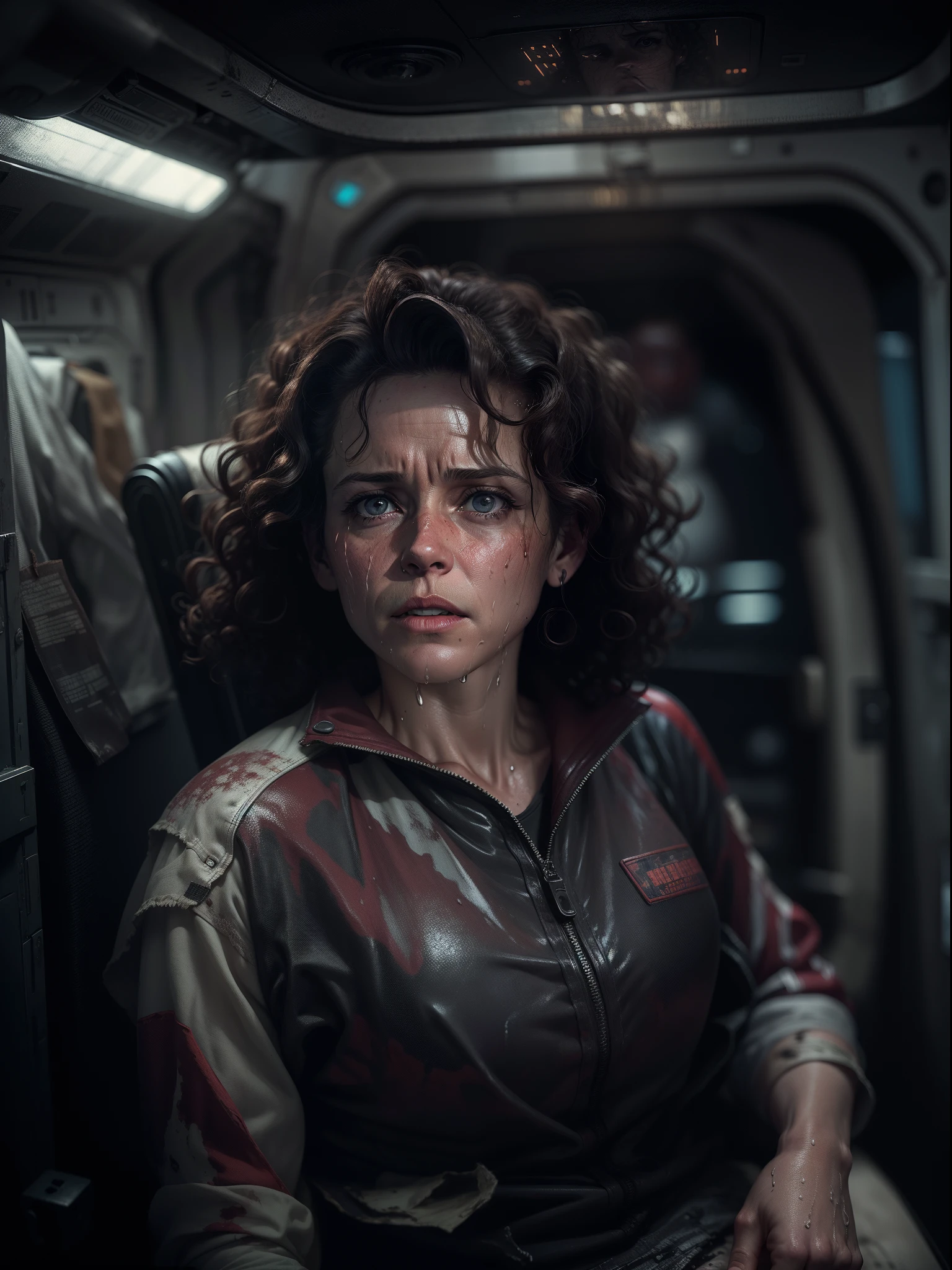 Helen Ripley (appearance: dark disheveled curls, abrasions on the face, sweaty ass, Wet) From the movie "Strange", torn dirty clothes, aboard a spacecraft, Horror, gloomy atmosphere, Danger, ultradetail, hyper realisitc,  young Sigourney Weaver, Cinematic lighting, real-photo