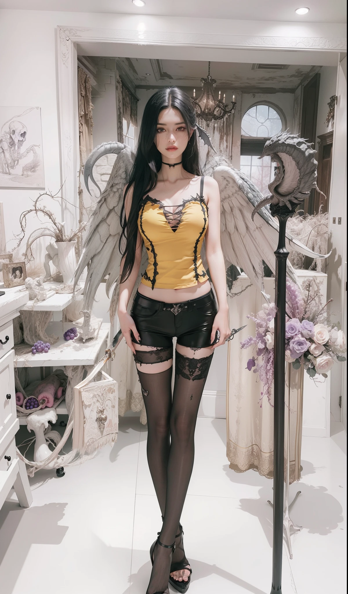Fine matte paint,Skeleton Dark Angel,Haunted castle with large wings, Fill the drawing table with a knife,terroral,uncanny,horrid,secret terror,tentaculata,grape trees,The eye,uncanny valley effect teeth,all fours,Critters,Blood Moon,Sexy beauty,8K,Blu-ray quality,Stunning graphics