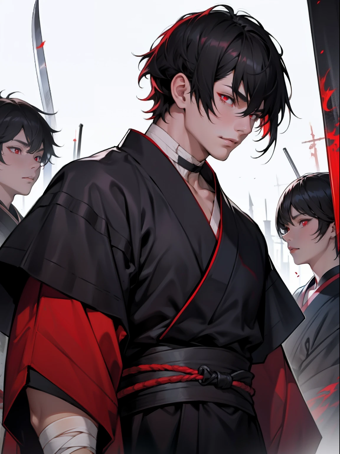 A dark-haired、Dye only your bangs red、Sharp red eyes、sullenness、Black kimono、short-haired、swords、Bandage the neck