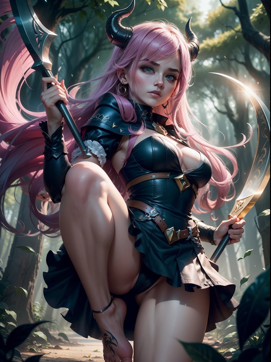 Olhando para a perspectiva,uma pregirl,Lift your foot and kick towards the camera, The age is about ,Vestindo roupas roxo-pretas,cabelo rosa curto,Bangs de Qi,The head has the devil's horns,com um corpo bem proporcionado,olhos grandes,Rir bonito e maldoso,Vestido com o traje de uma bruxa,The lower part of the body is a leather miniskirt,Bareleged,barefoot,barefoot,bare-legged,Dynamic,Great range of action,The soles of the feet are facing the camera,you can see the soles of your feet,Five fingers away,Holding a huge metal scythe in both hands,The backdrop is the mysterious enchanted forest,Splashart de League of Legends, Arte conceitual do jogo Riot, arte splash, Arte de League of Legends, de League of Legends, Arte do personagem de League of Legends, Leblanc, por Yang J