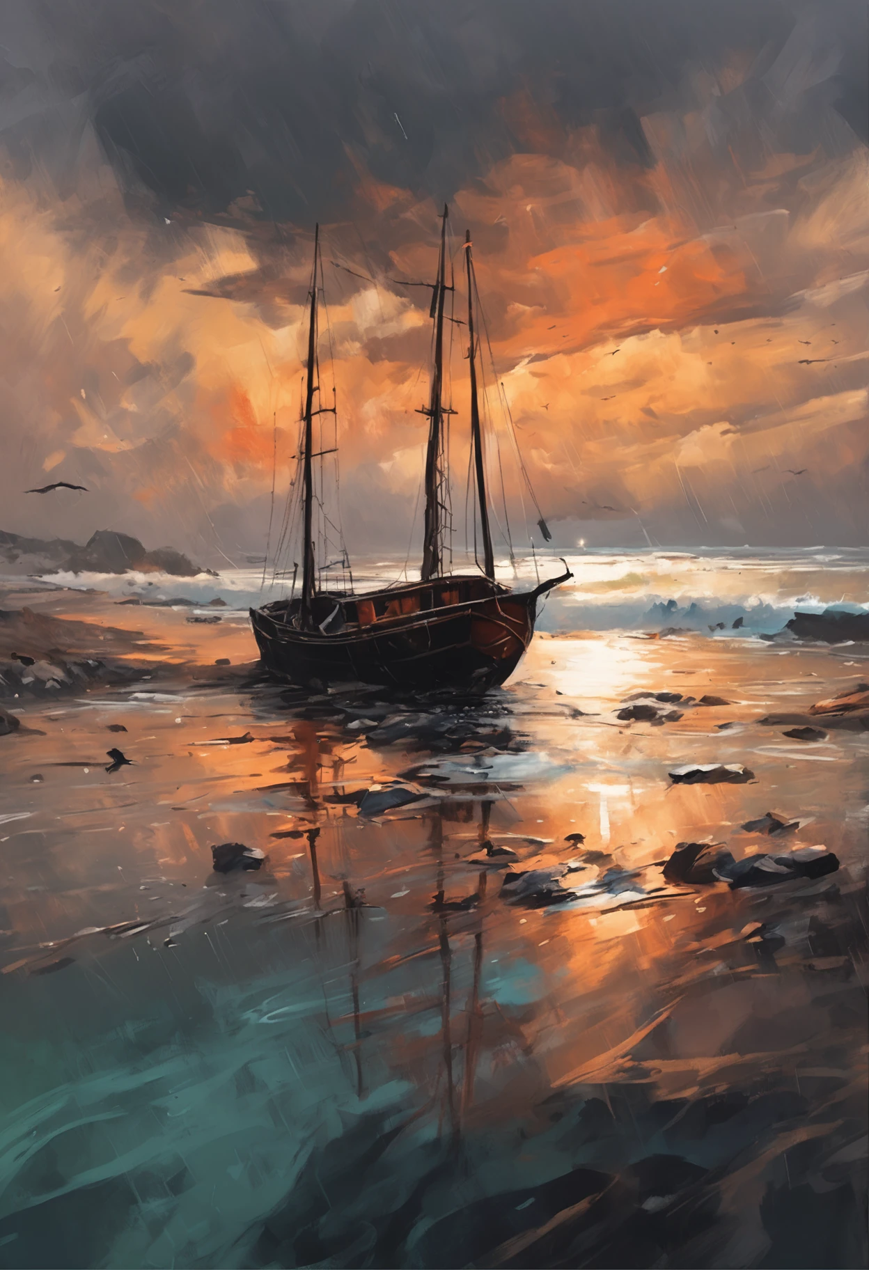 Real picture((Oil paints ))Landscape painting,acrycle painting,Brush strokes,With unparalleled realism,ultrawide,ominous skies,Sail ships,Wooden boats,Lotus,Huge waves,Starry night,Harry Potter,voluminetric lighting,Clearing,Realistic,james gurney,art stations,((Paint with oil painting))