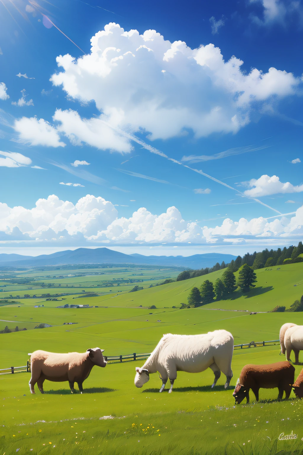 grassy fields,cattle and sheep,blue-sky,