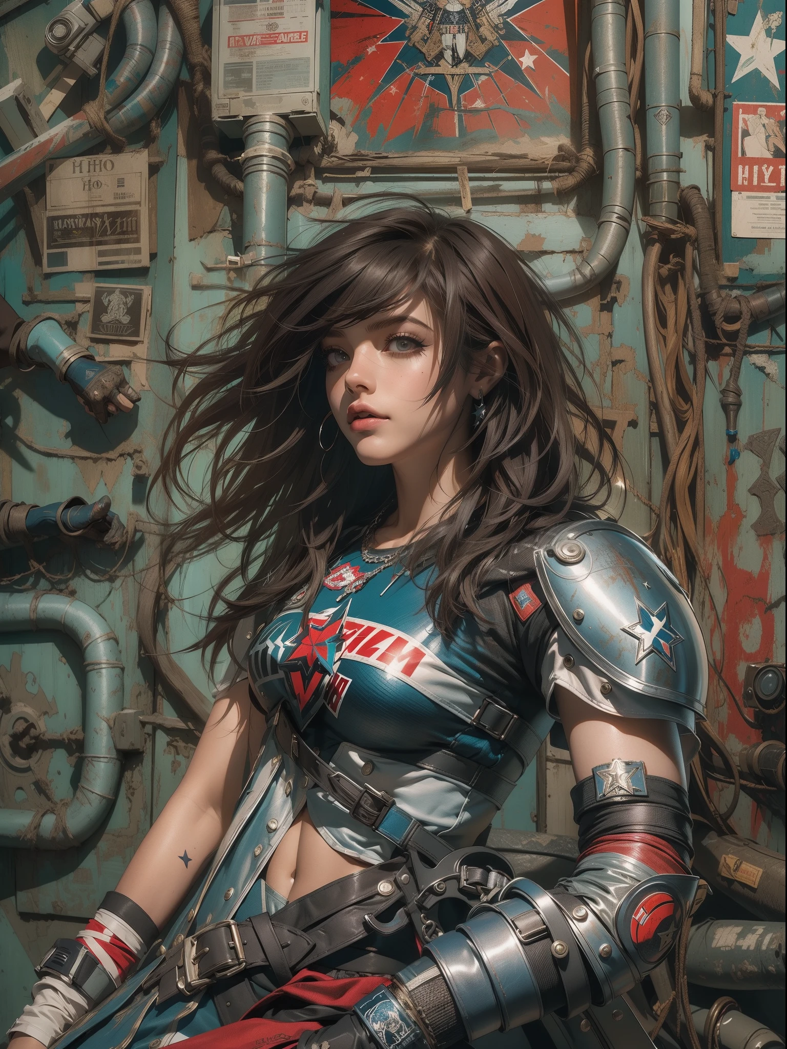 (((mulher))), (((melhor qualidade))), (((obra prima))), (((adulto))), (((1girl))), ((( corte de cabelo bob ))), Uma gladiadora cyberpunk mulher de 25 anos com corpo perfeito, shoulder pads with metal spines, Gladiadores do Brooklyn, (( corte de cabelo bob )), tiny leather panties, camiseta de time de rugby rasgada, quase nua no estilo selvagem urbano de Simon Bisley para a capa da revista Heavy Metal, Cabelo loiro curto, Minimum clothing, Metal protection on the left arm with intricate graphics, Dark red with white stars and blue and white striped pattern, armadura, cheio de pontas e rebites, tatuagem de veneno (((do joelho pra cima))), cabelos loiro branco curto, no fundo uma parede pintada por Shepard Fairey com um design intrincado