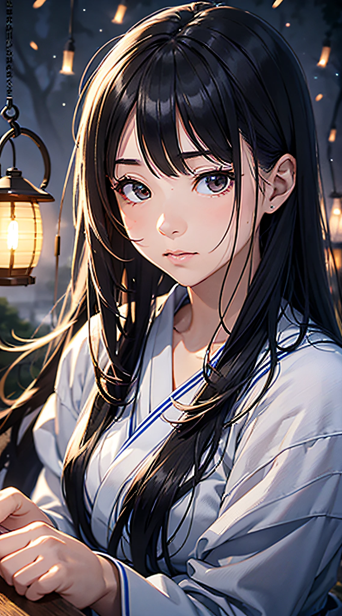 masterpiece, illusion, highest quality, night, cloudy night, oborotsuki, ((fireflies)), ((countryside)), (countryside), river surface, adult woman in yukata, thick evening fog, flowing evening fog, dry ice, thick fog, confession, regret, loneliness, long black hair, hair luster, after rain, whole body, overhead, sink lantern, sadness, separation, memories, thoughts
