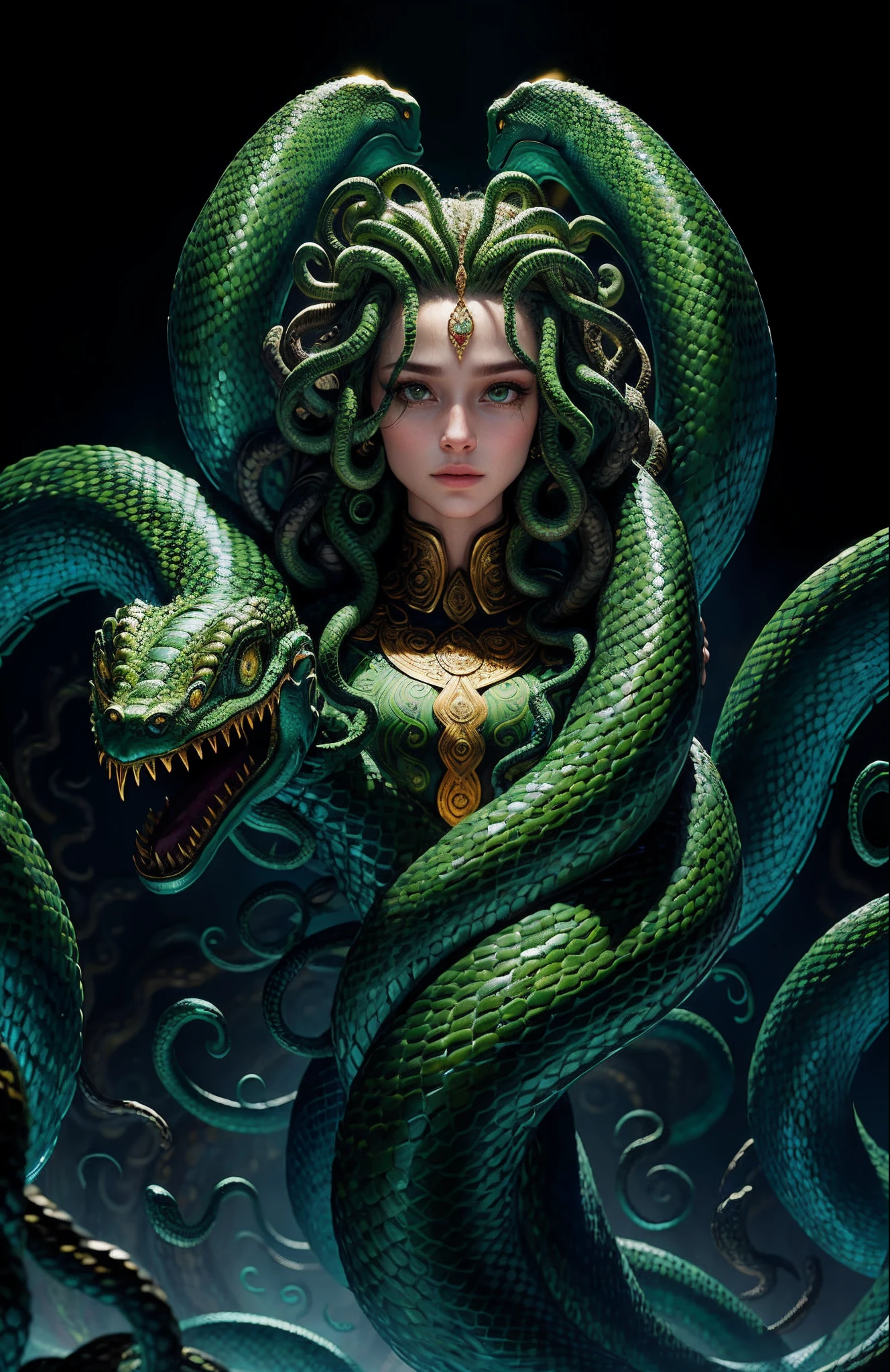 ((best quality)), ((masterpiece)), ((realistic)), Medusa, the body of the snake monster, the human face and upper body, the hair is composed of countless small snakes, green eyes, female face, metal carving tops, regal, trending on artstation, sharp focus, studio photo, intricate details, very detailed, detailed eyes, illustration, very detailed, sharp focus, digital rendering, professional, 4k