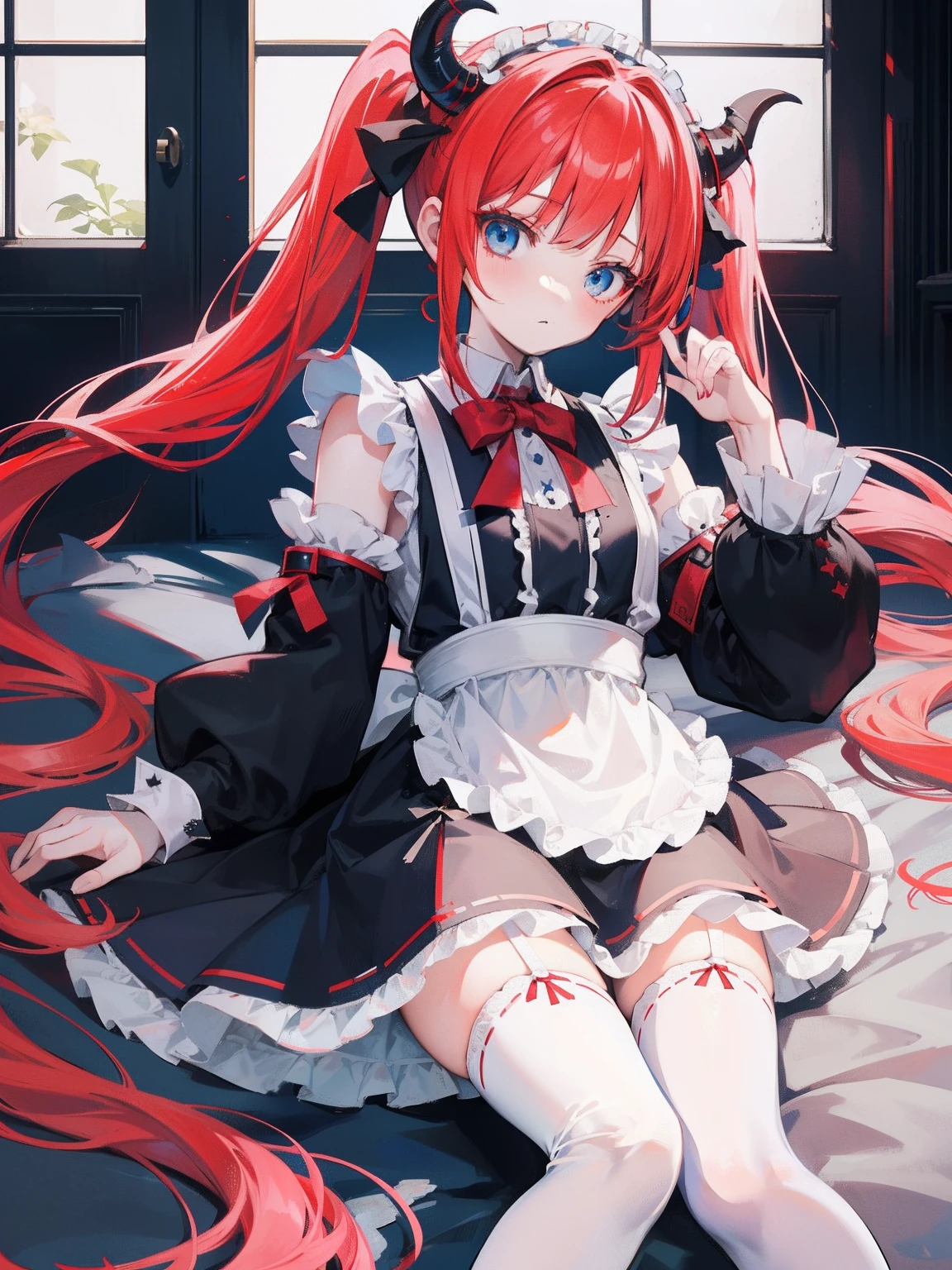 red hair,blue eyes,twintails,maid, long hair, long sleeves, gothic, solo, loli,Short skirt, white stockings,{{best quality}}, {{masterpiece}}, {{ultra-detailed}}, {illustration}, {detailed light}, {an extremely delicate and beautiful},little girl,cute,dragon horns