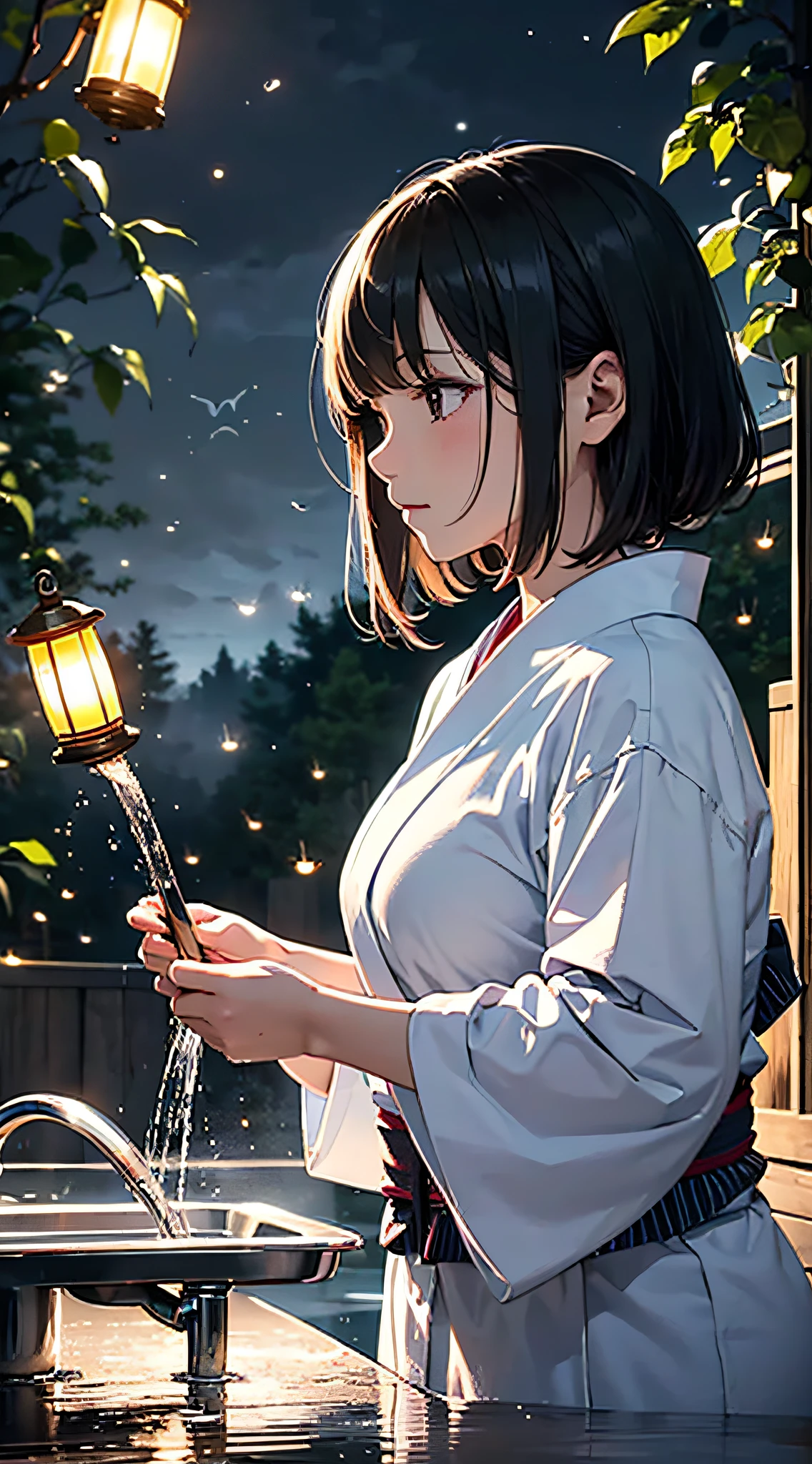 masterpiece, illusion, highest quality, night, cloudy night, oborotsuki, ((fireflies)), ((countryside)), (countryside), river surface, adult woman in yukata, thick evening fog, flowing evening fog, dry ice, thick fog, confession, regret, loneliness, long black hair, hair luster, after rain, whole body, overhead, sink lantern, sadness, separation, memories, thoughts