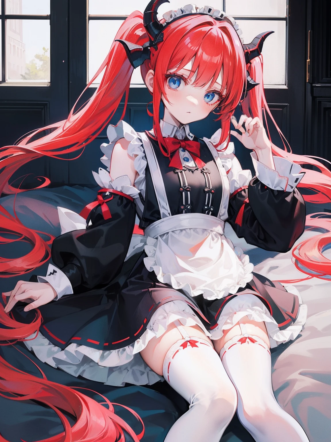 red hair,blue eyes,twintails,maid, long hair, long sleeves, gothic, solo, loli,Short skirt, white stockings,{{best quality}}, {{masterpiece}}, {{ultra-detailed}}, {illustration}, {detailed light}, {an extremely delicate and beautiful},little girl,cute,dragon horns