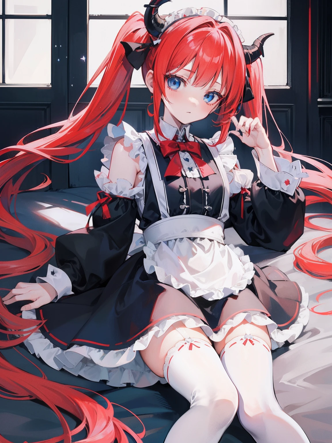 red hair,blue eyes,twintails,maid, long hair, long sleeves, gothic, solo, loli,Short skirt, white stockings,{{best quality}}, {{masterpiece}}, {{ultra-detailed}}, {illustration}, {detailed light}, {an extremely delicate and beautiful},little girl,cute,dragon horns