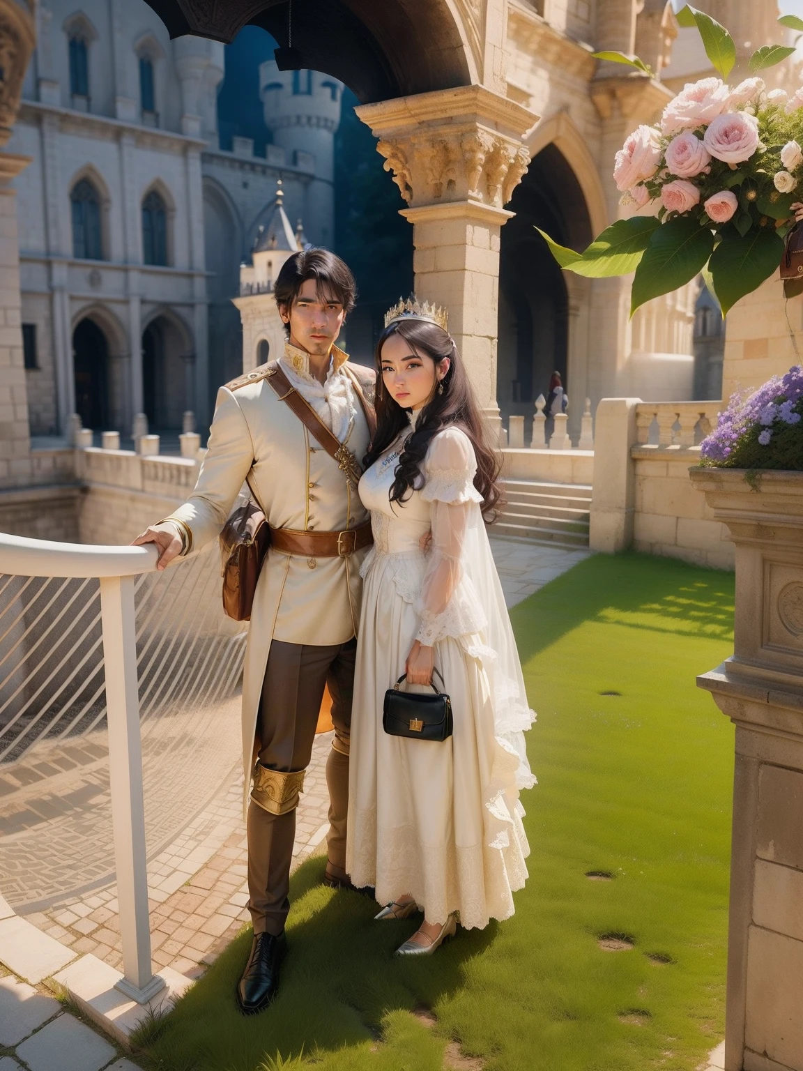 There is a king and queen standing behind a big castle. Real face. Remove the ladies bag.