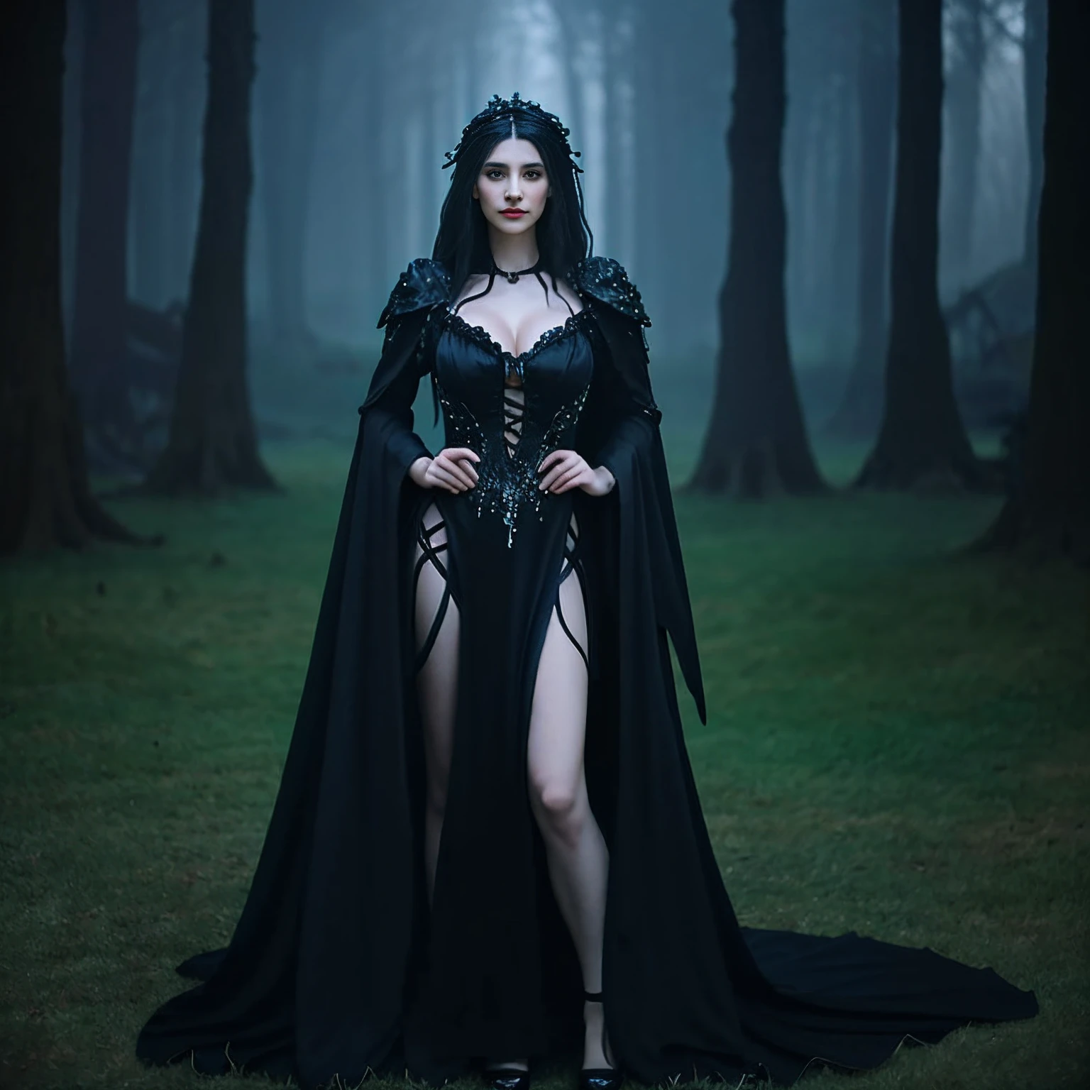 dark castle,A woman with a faint smile, Dress up in colorful witch costumes,deep v big breasts, drippy,High quality,Masterpiece,full bodyesbian, Anatomically correct,in a panoramic view,photorealestic,full body