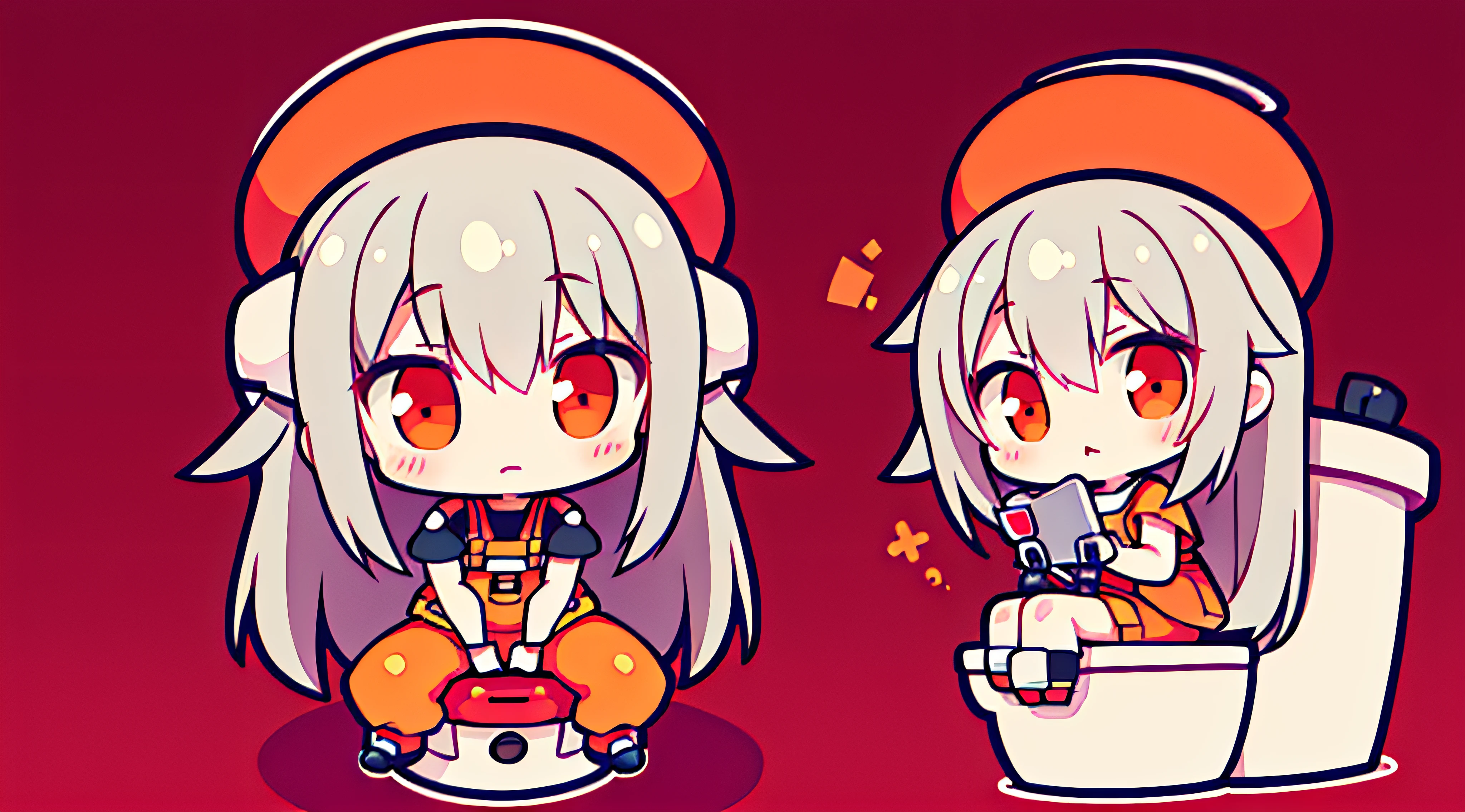 Tiny,Cute,grey long hair,Red orb Drone,cute orange outfit,perfect cute face,toilet map,sitting on toilet,side pov,>_< face,blush,peeing