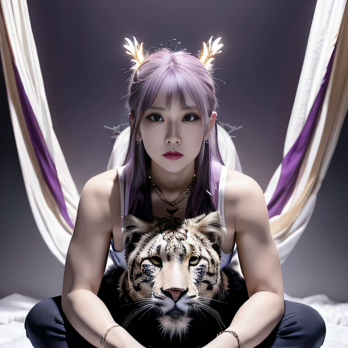 32K(tmasterpiece,k hd,hyper HD,32K)Long flowing bright purple hair,Autumn Pond,zydink, a color, Asian people (Silly girl), (Silk scarf), Combat posture, looking at the ground, long whitr hair, Floating bright purple, Fire cloud pattern gold tiara, Chinese long-sleeved gold silk garment, (abstract ink splash:1.2), white backgrounid,Lotus protector(realisticlying:1.4),Bright purple hair,Smoke on the road,The background is pure, A high resolution, the detail, RAW photogr, Sharp Re, Nikon D850 Film Stock Photo by Jefferies Lee 4 Kodak Portra 400 Camera F1.6 shots, Rich colors, ultra-realistic vivid textures, Dramatic lighting, Unreal Engine Art Station Trend, cinestir 800,Long flowing bright purple hair