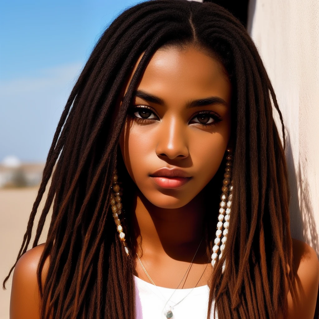 Image young blonde woman skin color black eyes Senegalese black eyes