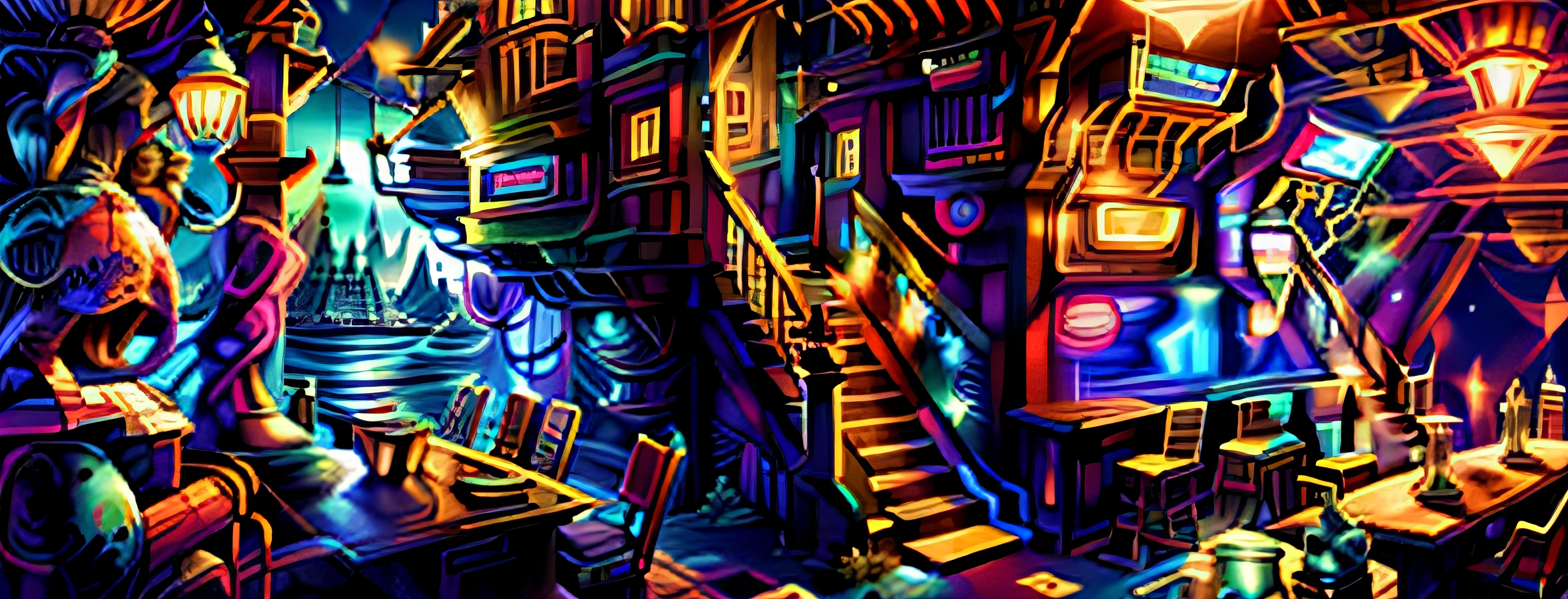 add detail to the pirates and fill the bar with action. draw a large porthole on the right of the picture looking out into the port at night with a many huge pirate ships.
