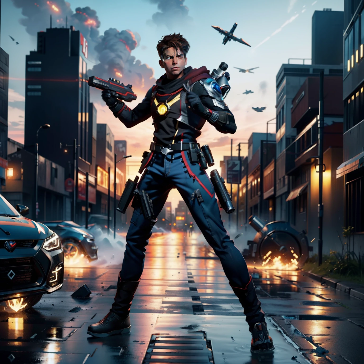Low Focus in the foreground, [[Android With an Advancing shooting rifle in a futuristic city at war]] (Zack snyder style) 3D, android warrior, (Action style), Battlefield, ((Gunshots from all sides)) Dynamic Light Smooth, (Ray Tracing) , Cinematic, Soft style,  Dramatic, Masterpiece, Ultra High Resolution, Film Fiction, 8k, Vibrant, (iso 4000), (EV 1.0), (SS 1/24), (focus MF 0.8)