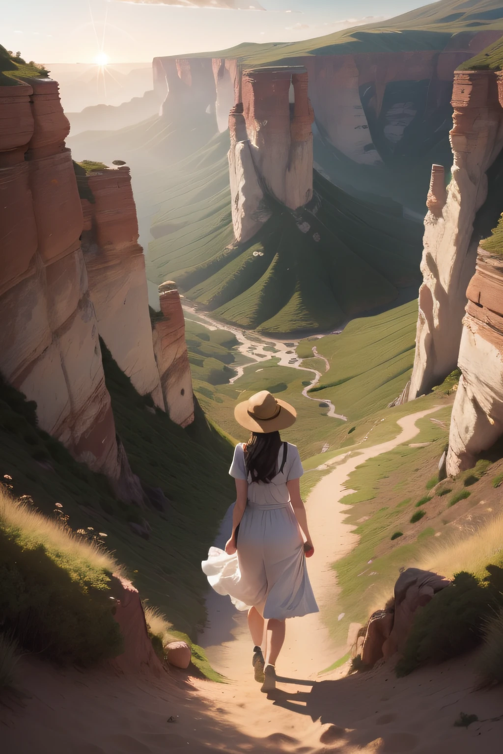 there is a woman walking down a path with a flower in her hair, girl walking on mountain, going forward to the sunset, walking away, girl walking between dunes, beautiful girl on the horizon, walking away from camera, walking away from the camera, girl walking in forest, wearing a flowing sundress, girl walking on cliff, girl walking in a canyon