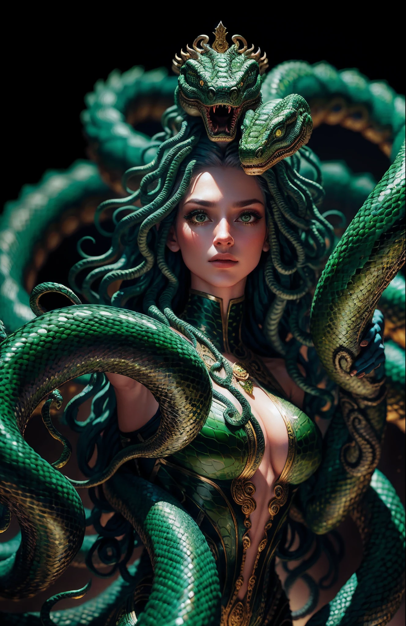 ((best quality)), ((masterpiece)), ((realistic)), Medusa, the body of the snake monster, the human face and upper body, the hair is composed of countless small snakes, green eyes, female face, metal carving tops, regal, trending on artstation, sharp focus, studio photo, intricate details, very detailed, detailed eyes, illustration, very detailed, sharp focus, digital rendering, professional, 4k