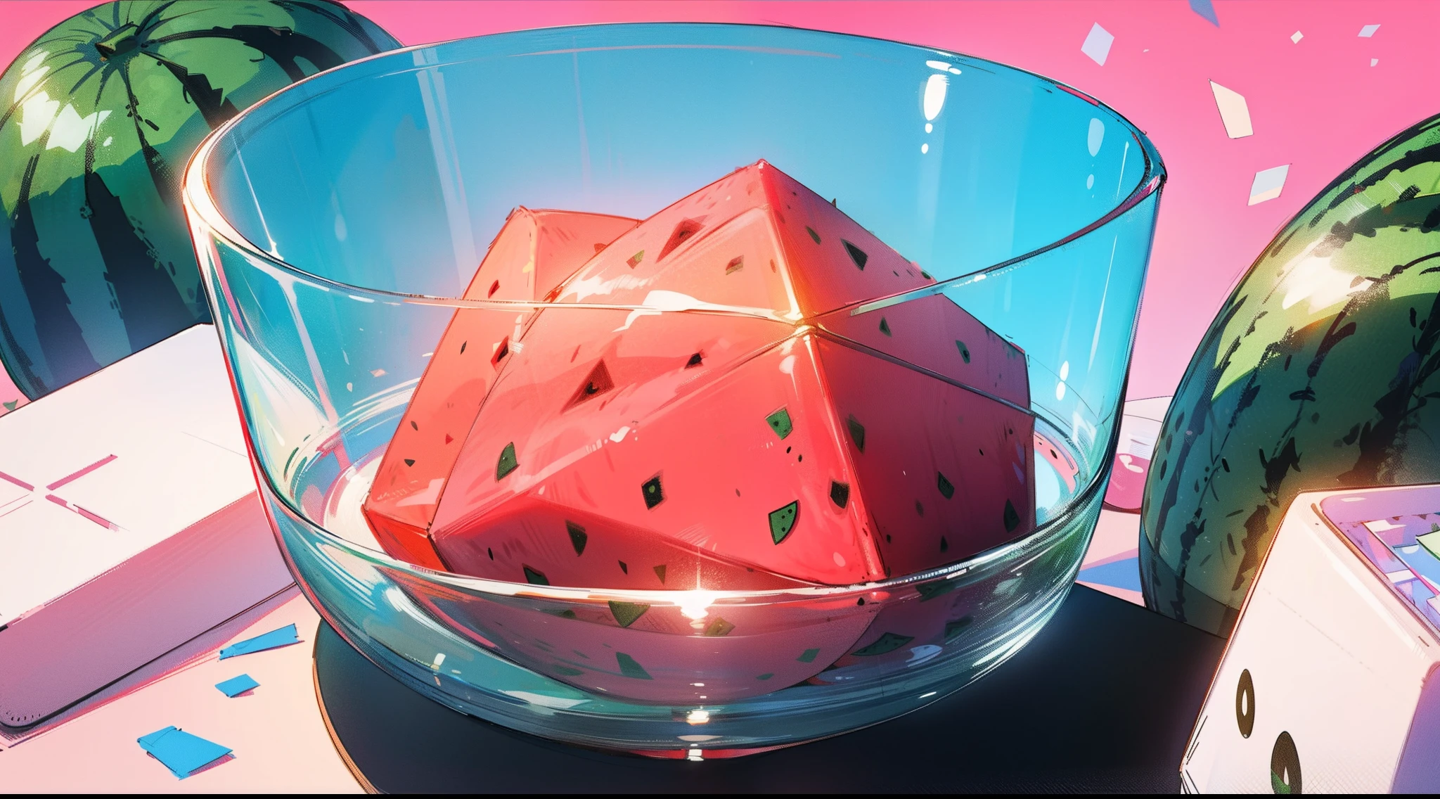 Illustration style, Cube watermelon, clear cups, pink-sky, Green plants dotted。