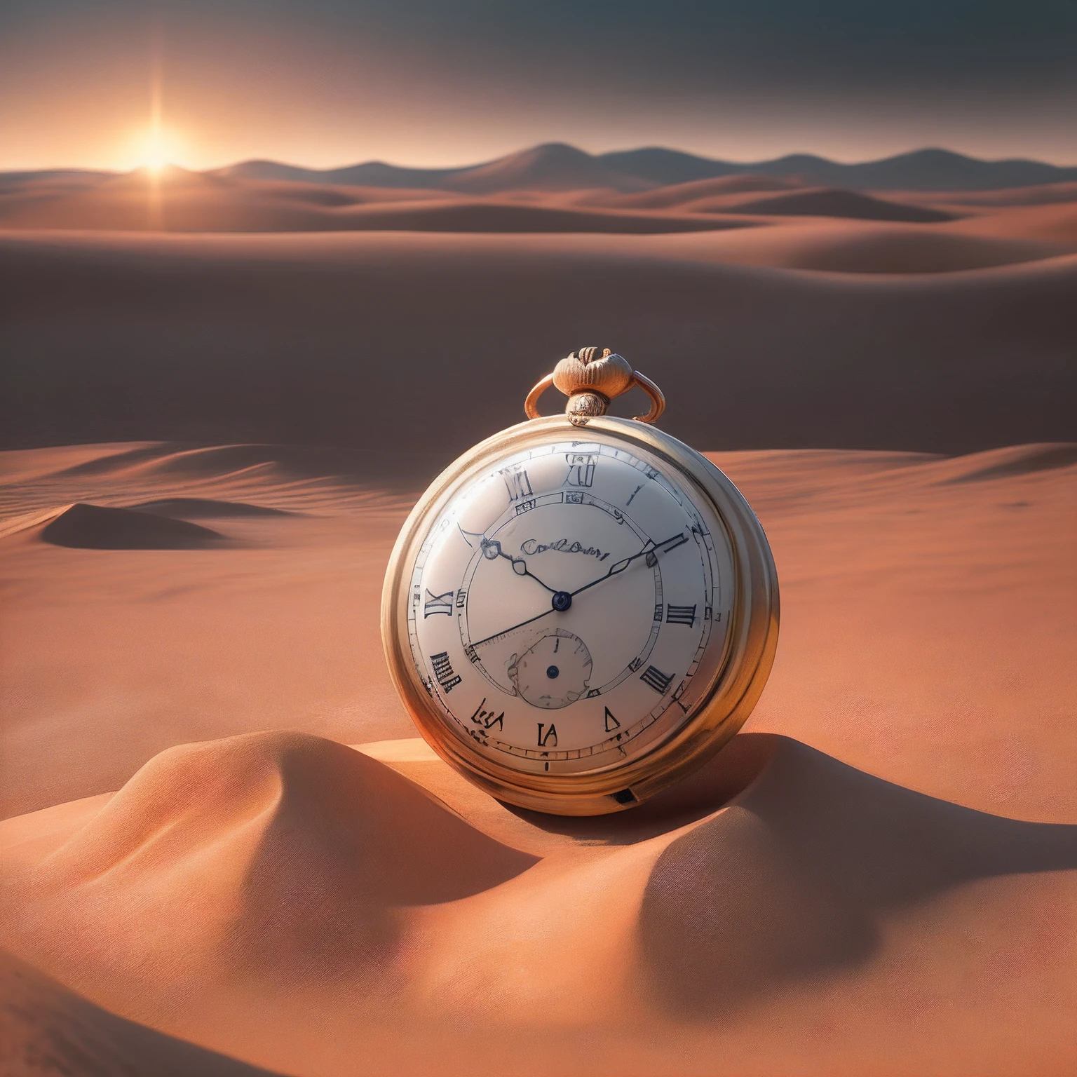 This surreal image depicts a large pocket watch with Roman numerals on its face, standing on a desert landscape. The watch is partially buried in the sand, with the sand spilling out of the watch face. The watch hands are pointing to 12 o'clock. The background is a cloudy sky with the sun setting on the horizon. The overall mood of the image is mysterious and dreamlike