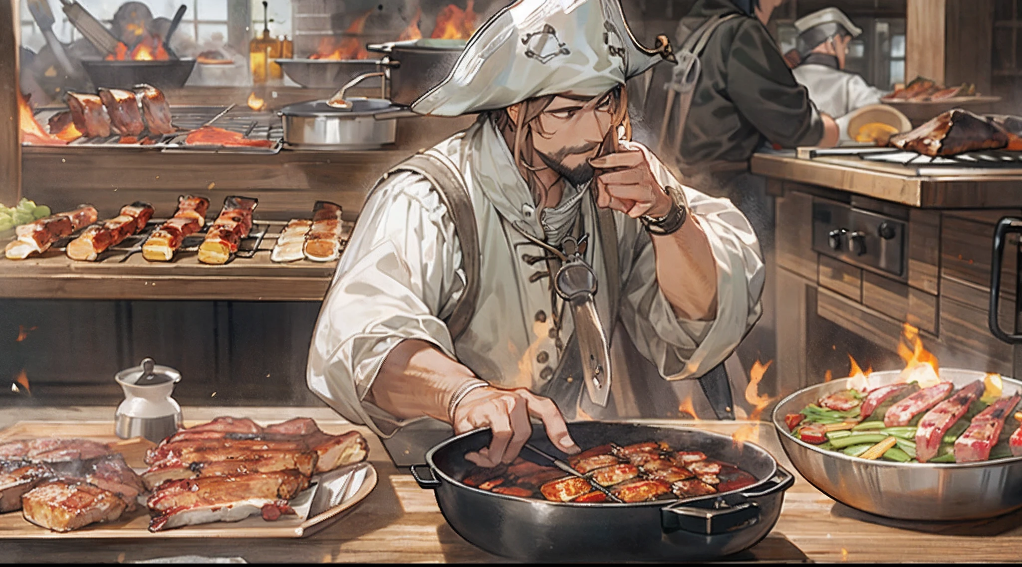 Man in the Middle Ages、a pirate、Dining scene、Close-up of cooking、BBQ