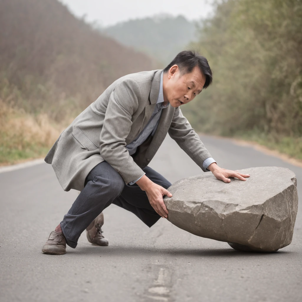 Chinese man on a road taking out a large stone in the middle of the way