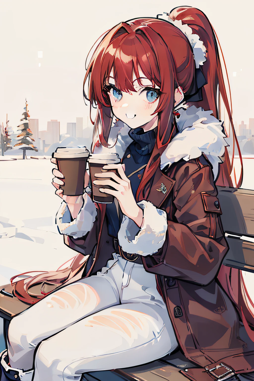 masterpiece, best quality, 1girl, long hair, (red hair), waist-length hair, ponytail, blue eyes, sharp eyes, smiling, ((brown fur coat)), white knitted clothes, (navy long jeans), boots, in the winter, snowing, fond, sitting on the bench, smiling, ((detail face)), holding two paper cups with both hands