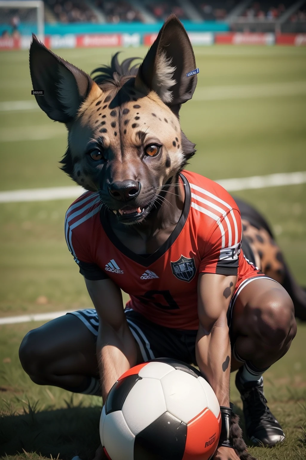 hyena negra com caasaco vermelho segurando um bola de futebol