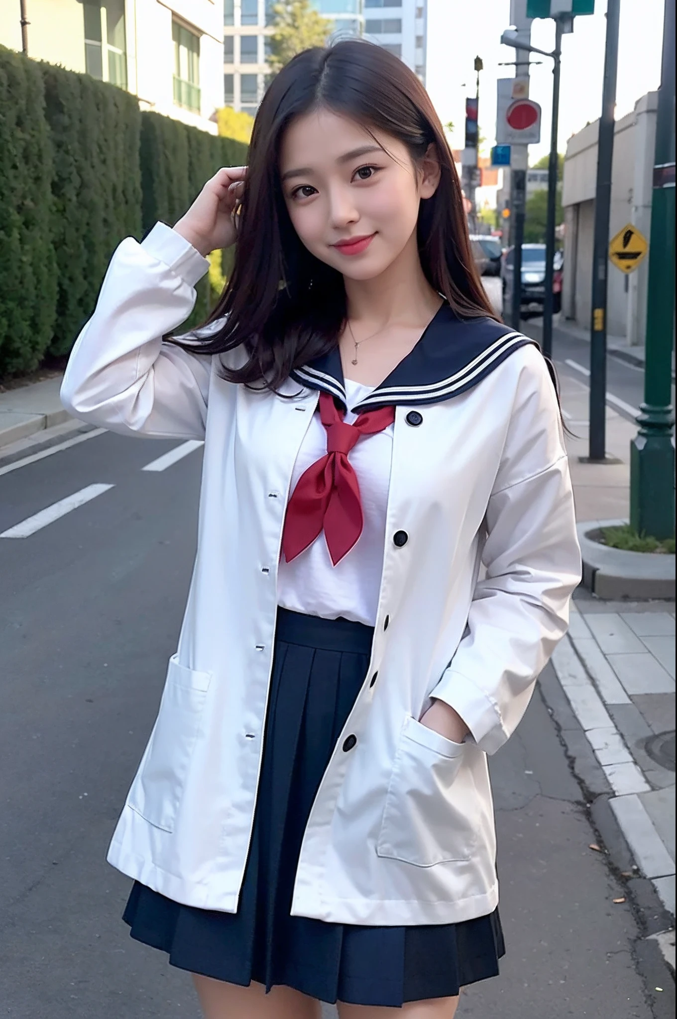 face is :9,3157126699], Realistic high school girl in summer uniform playing in the city, Move ki。serafuku、Seifuku, loose coat collar sailor uniform, Japan school uniform, A smile、Skirt and thighs、Raw photo, (in 8K、top-quality、​masterpiece:1.2)、(intricate detailes:1.4)、(Photorealsitic:1.4)、octane renderings、Complex 3D rendering ultra detail, Studio Soft Light, Rim Lights, vibrant detail, super detailing, realistic skin textures, Detail Face, Beautiful detail eyes, Very detailed CG Unity 16k wallpaper, make - up, (detailedbackground:1.2),　shinny skin、turned around、Exposed thighs!!!、