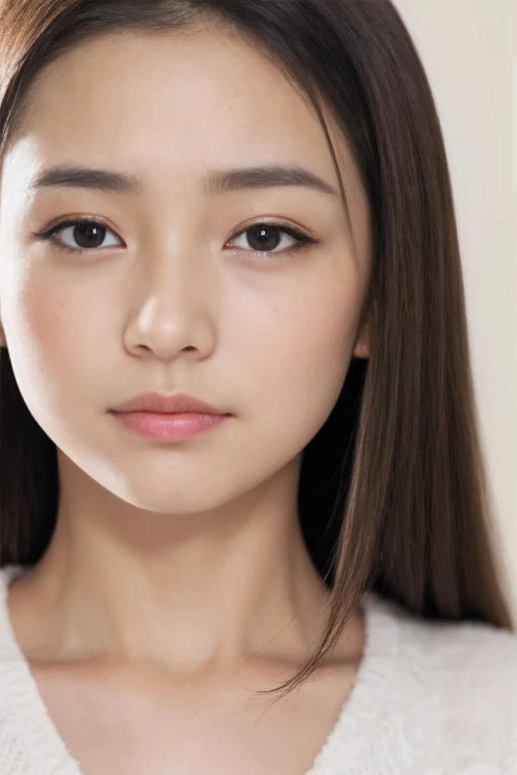 ((Show face only、Close-up of face))、(realisitic、Photorealsitic、ultra-detailliert、Highest Details Skins、top-quality、masterpiece、超A high resolution)、Cute Japan person、sixteen years old、hi-school girl、younggirl、Thin makeup、1 girl in、I have bangs、二重まぶた、drooing eyes、Japanese style face、a baby face、purity、Realistic skin type、((Eyes closed、Wrinkles between the eyebrows、Pained look))