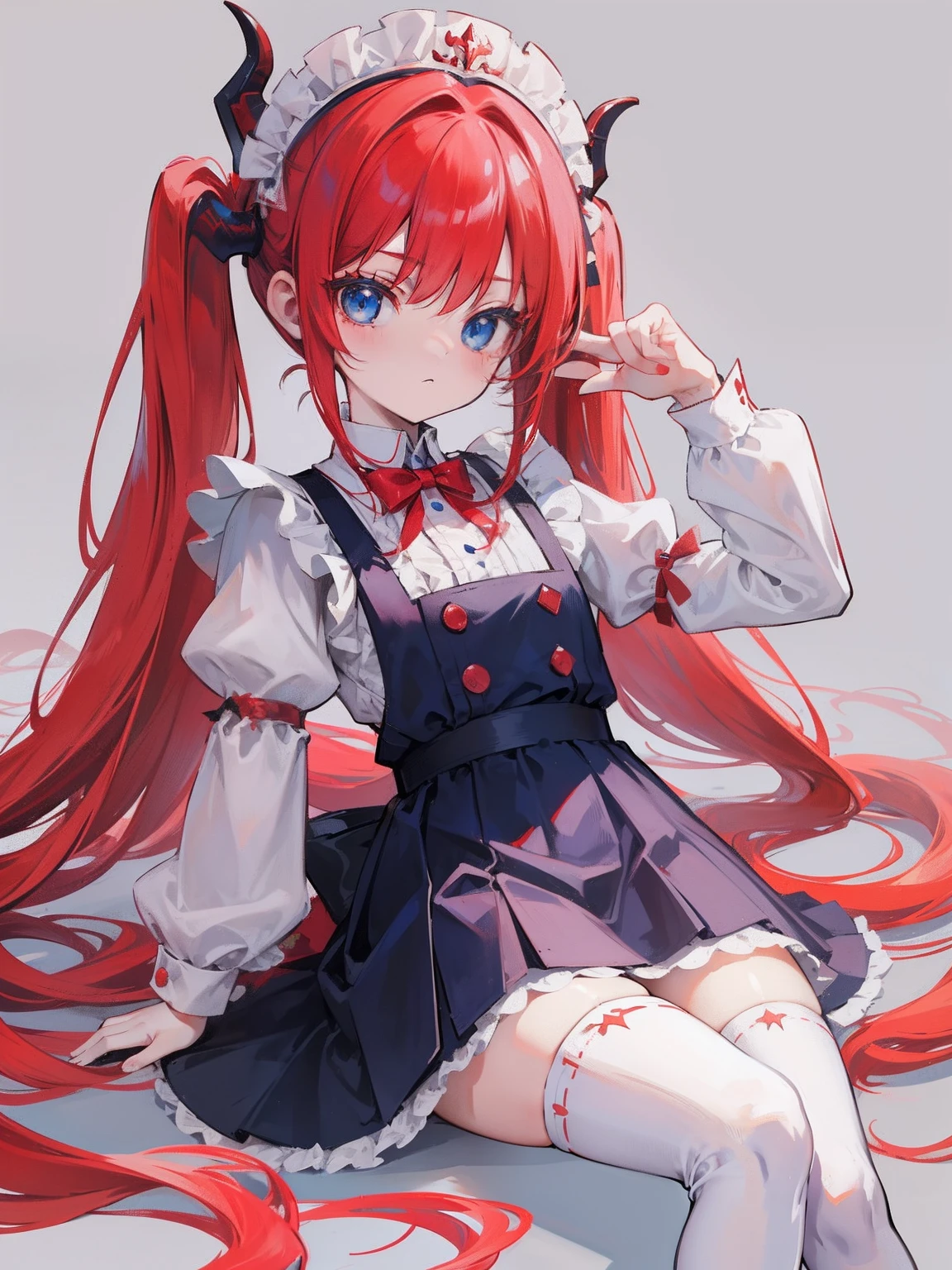 red hair,blue eyes,twintails,maid, long hair, long sleeves, gothic, solo, loli,Short skirt, white stockings,{{best quality}}, {{masterpiece}}, {{ultra-detailed}}, {illustration}, {detailed light}, {an extremely delicate and beautiful}, girl,cute,dragon horns