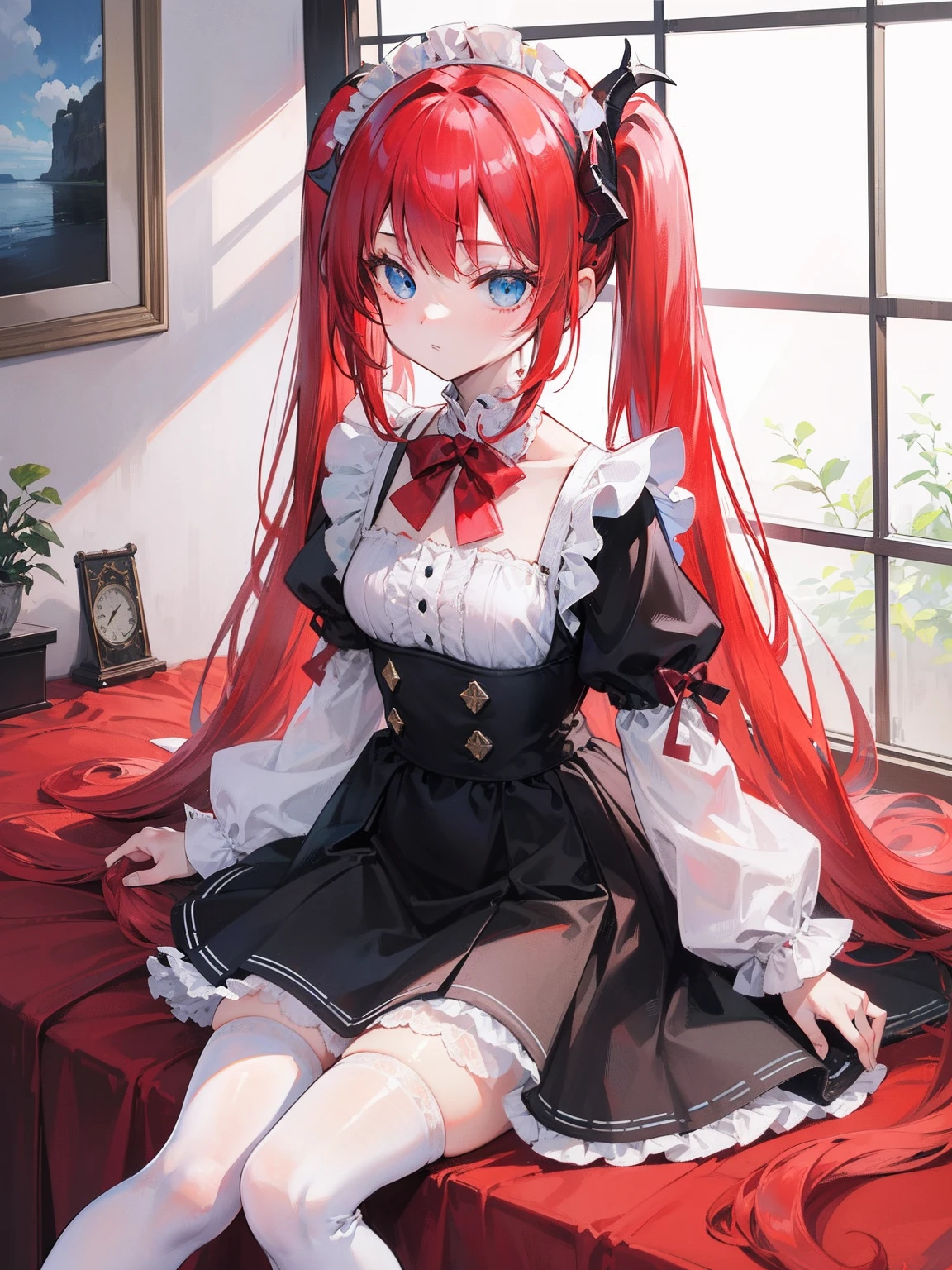 red hair,blue eyes,twintails,maid, long hair, long sleeves, gothic, solo, loli,Short skirt, white stockings,{{best quality}}, {{masterpiece}}, {{ultra-detailed}}, {illustration}, {detailed light}, {an extremely delicate and beautiful},little girl,cute,dragon horns