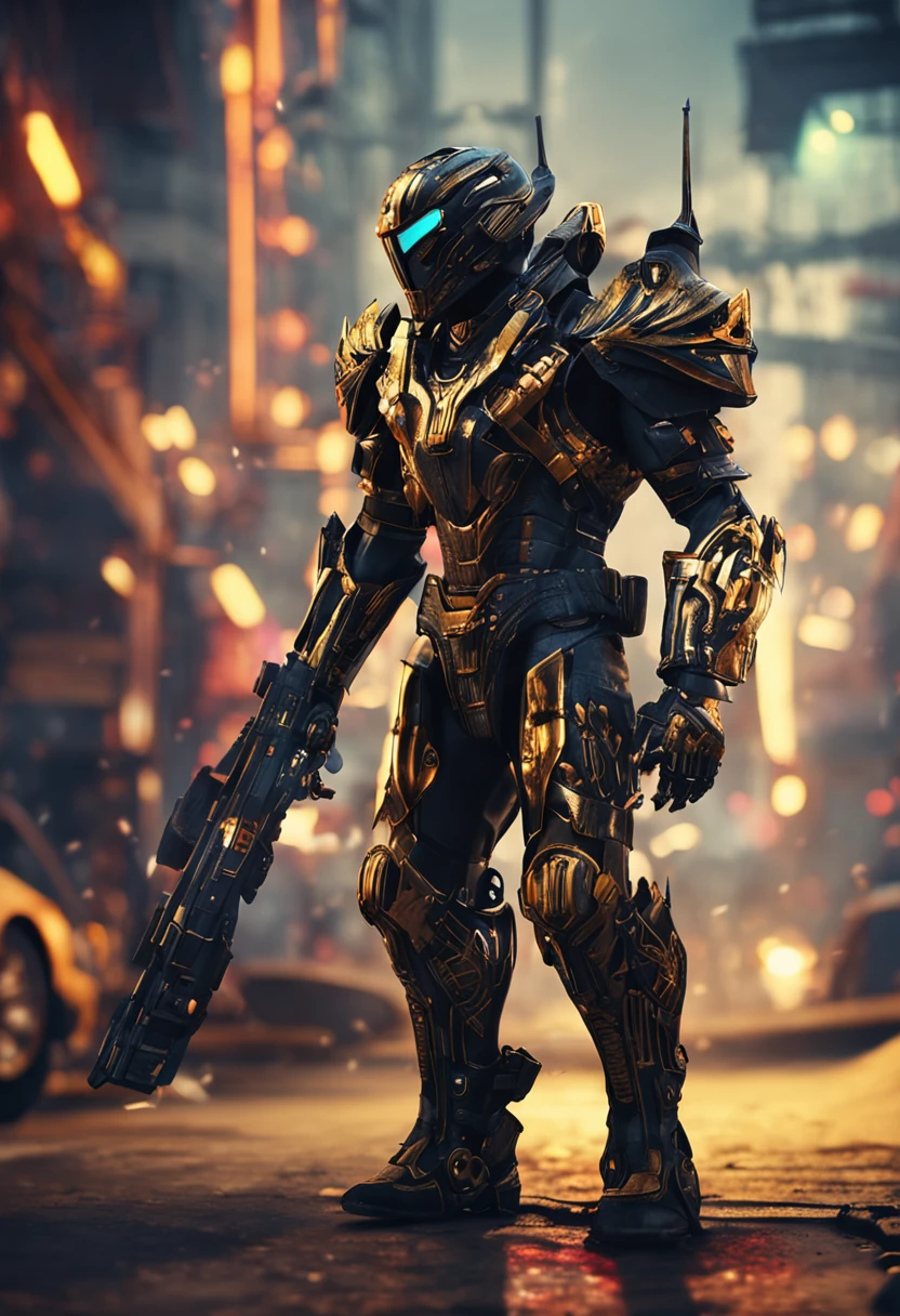 cyber punk perssonage, Fighting , Stunning armor, Black gold armor, Epic, 8K