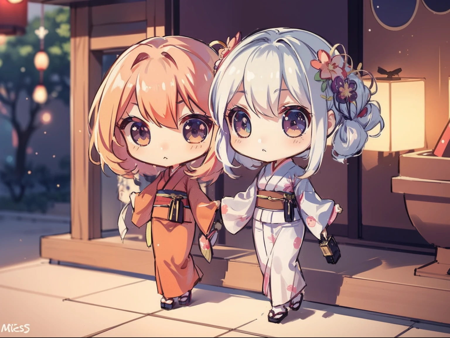 chibi:1.8,kimono, 2 Girls in yukata, yuri, A duet in the wind,Summer Festivals,the night, Spirits and ghosts, Stand with the product,The flow of perfume,Big fireworks:1.7,Fireworks in the night sky:1.8, by Miyazaki, Dutch corner kick,Shot from ground level,Low angle,Shot Full Body,Long shot,(masutepiece: 1.3), (exquisite detailing: 1.2), Subtle and beautiful details, (detailes eyes), (detailed facial details), (Highest Quality) :1.4), (Hyperresolution: 1.2), (very detailed illustration),Best Quality,Depth of field, broad light, Natural shadows
